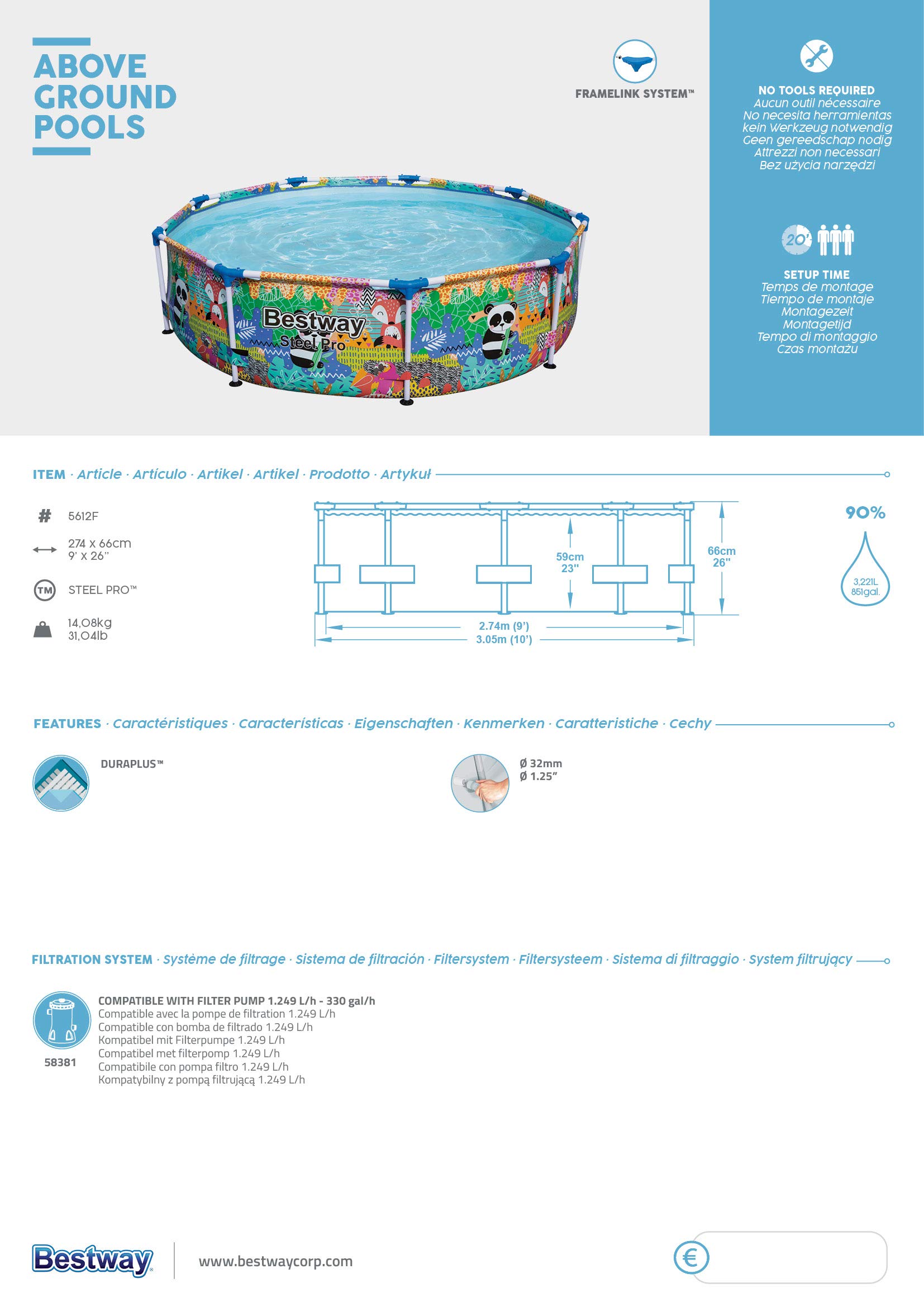 Bestway Steel Pro Frame Pool, 274 x 66 cm, ohne Pumpe, rund, bund, multicolor