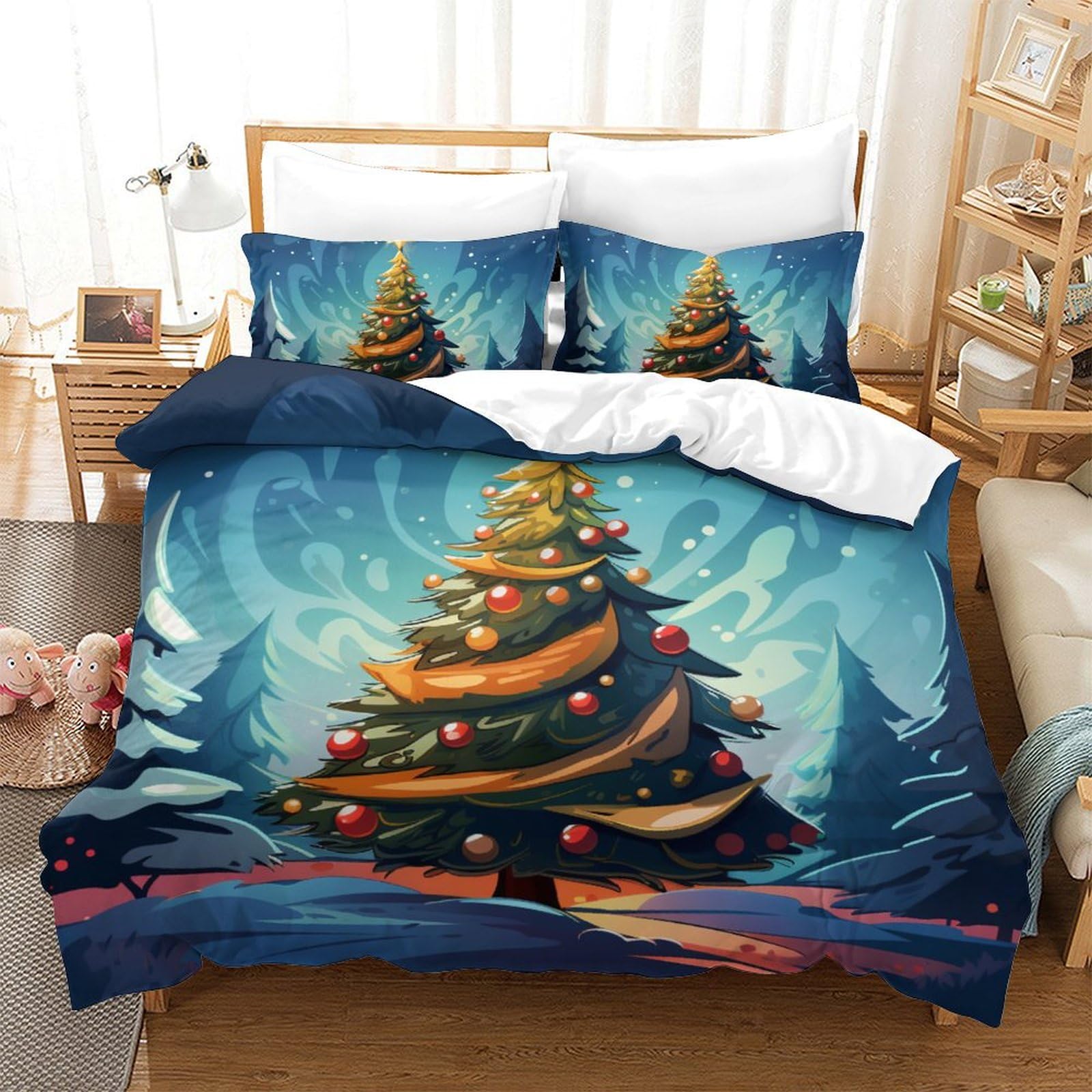 BARDYS Christmas Tree 3D Printed Quilt Cover 3 Pieces Bedroom Bed Bedding Set Soft Easy Care with Zipper Closure，Pillowcases for Kids Girls Boys Adults Bedroom King（220x240cm）