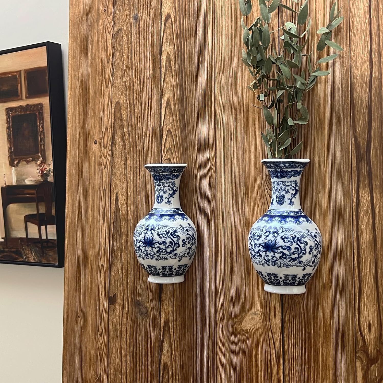 Set of Two Blue and White Porcelain Wall Vases for Flowers – Handmade Chinoiserie Ceramic Wall Mounted Flower Vase, Decorative Hanging Vases for Living Room, Bookshelf & Indoor Décor