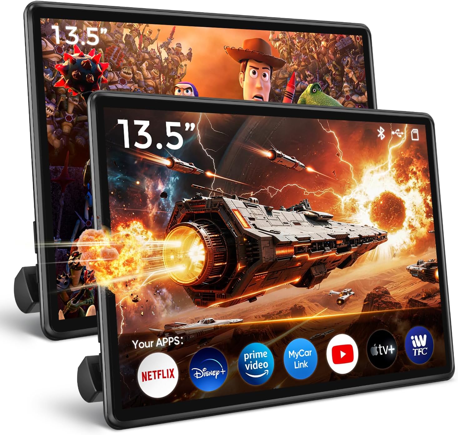 13.5" Android Headrest Monitor Screen Portable Car TV Supports Phone MirrorLink/HDMI in OUT/5G WiFi/Bluetooth/USB Rear Seat Entertainment Video Player 4G Ram+64G ROM 1PC