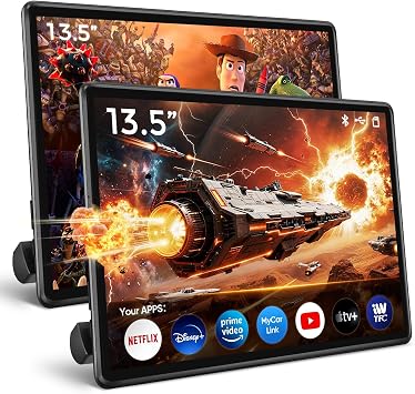13.5" Android Headrest Monitor Screen Portable Car TV Supports Phone MirrorLink/HDMI in OUT/5G WiFi/Bluetooth/USB Rear Seat Entertainment Video Player 4G Ram+64G ROM 2PCS