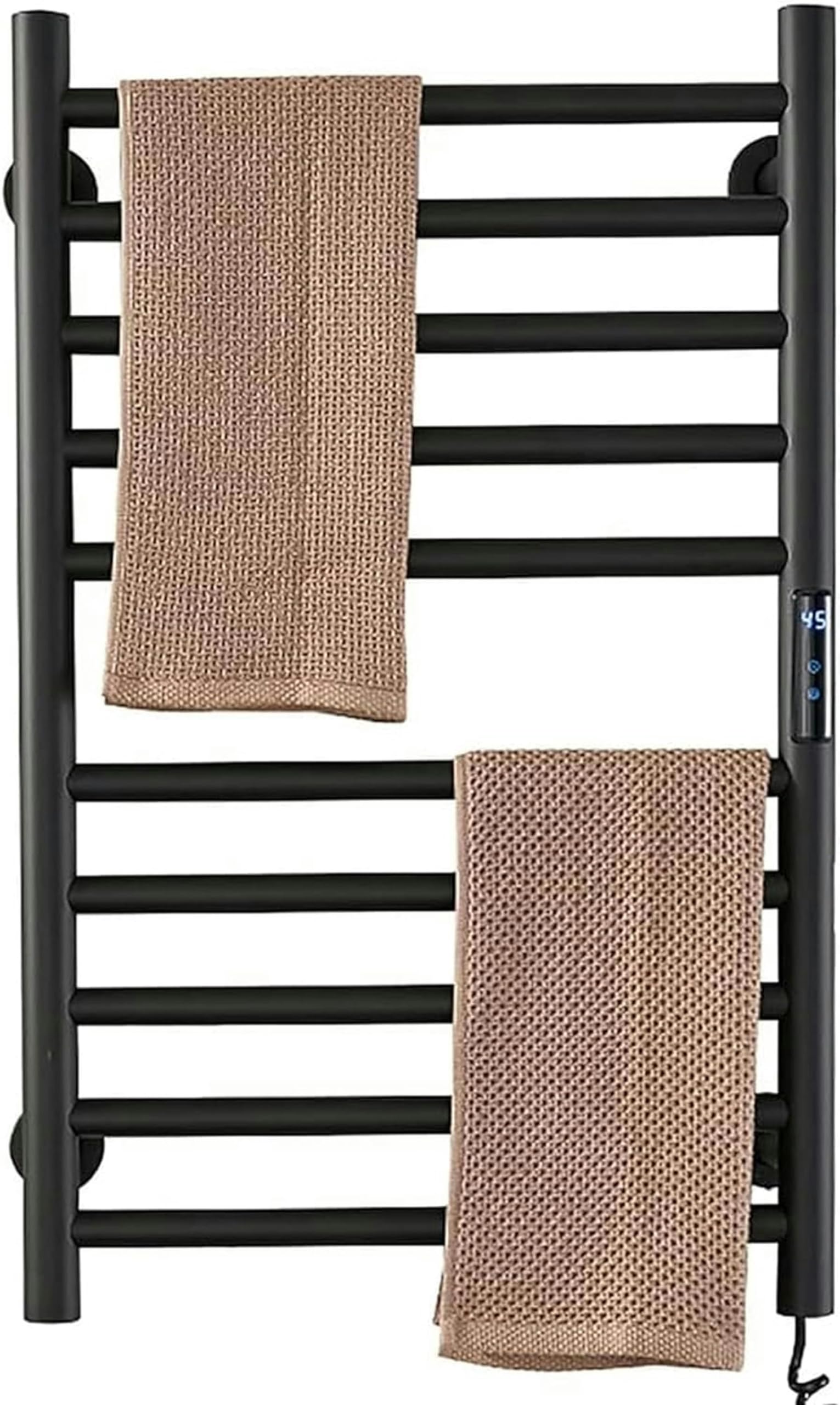 Radiador de toalla de baño negro con calefacción a la pared y temporizador