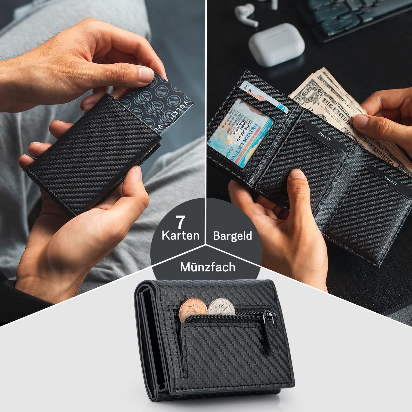 skórzany portfel męski Slim z kieszenią na monety etui na karty mały/mini z ochroną RFID etui na karty portfel czarny węglowy inteligentny portfel męski