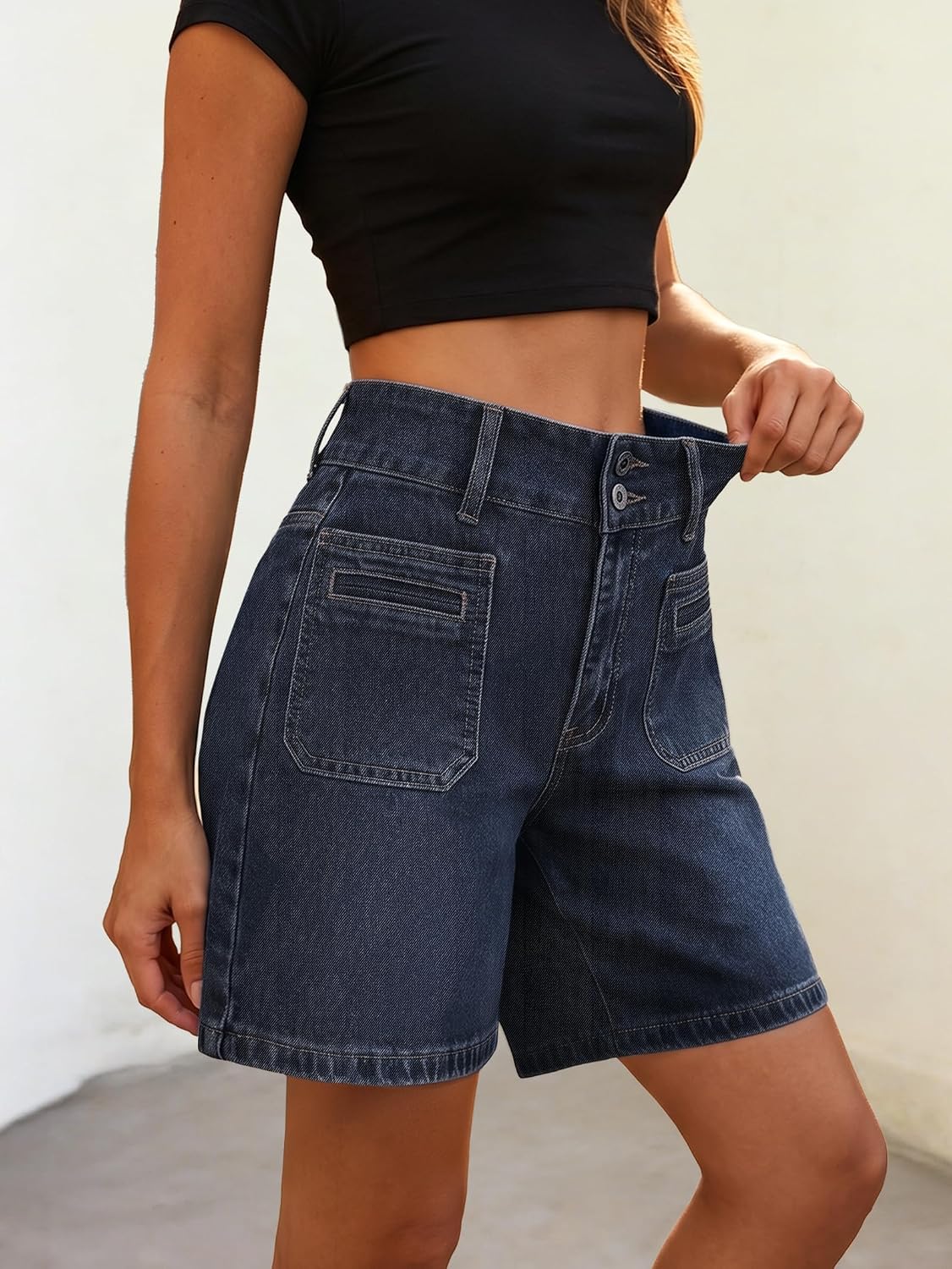 EMMIOL Bermuda Jean Shorts for Women Long Knee Length High Waisted Stretchy Cotton Jorts with Pockets Denim Summer Clean Fit