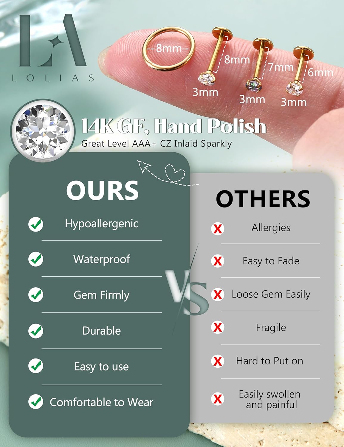 LOLIAS 14K Gold Plated Nose Rings 20G 18G Threadless Nose Rings Hoops Studs - 316L Surgical Steel Push in Flat Back Nose Stud - CZ Hypoallergenic Nose Tragus Helix Piercing Jewelry for Women Men 11Pcs - Image 4