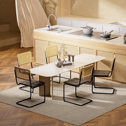 Miniatura 2 de Silla de comedor de ratán, moderna silla resistente de 400 libras con asiento acolchado de cuero genuino y respaldo tejido de ratán, silla tapizada