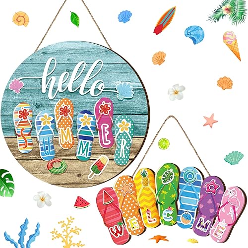 Glenmal 2 Pcs Hello Summer Slippers Hanging Sign Flip Flop