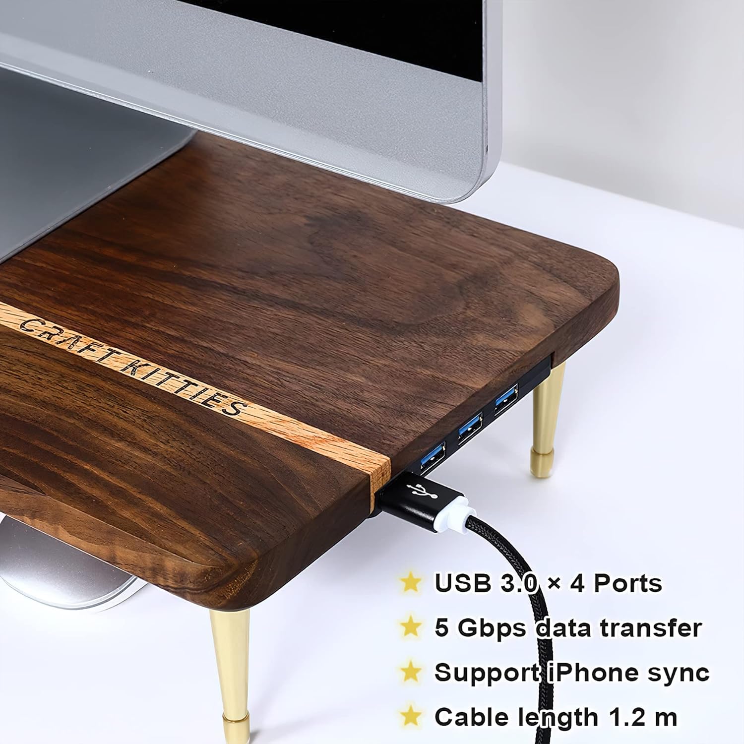 Monitor Stand Wood Riser with 4 USB Ports, Computer Monitor Stand with America Walnut Data Transfer Charging Hub -Compatible with Computer, Mac, PCs, Smartphone, 20.5*8.3in