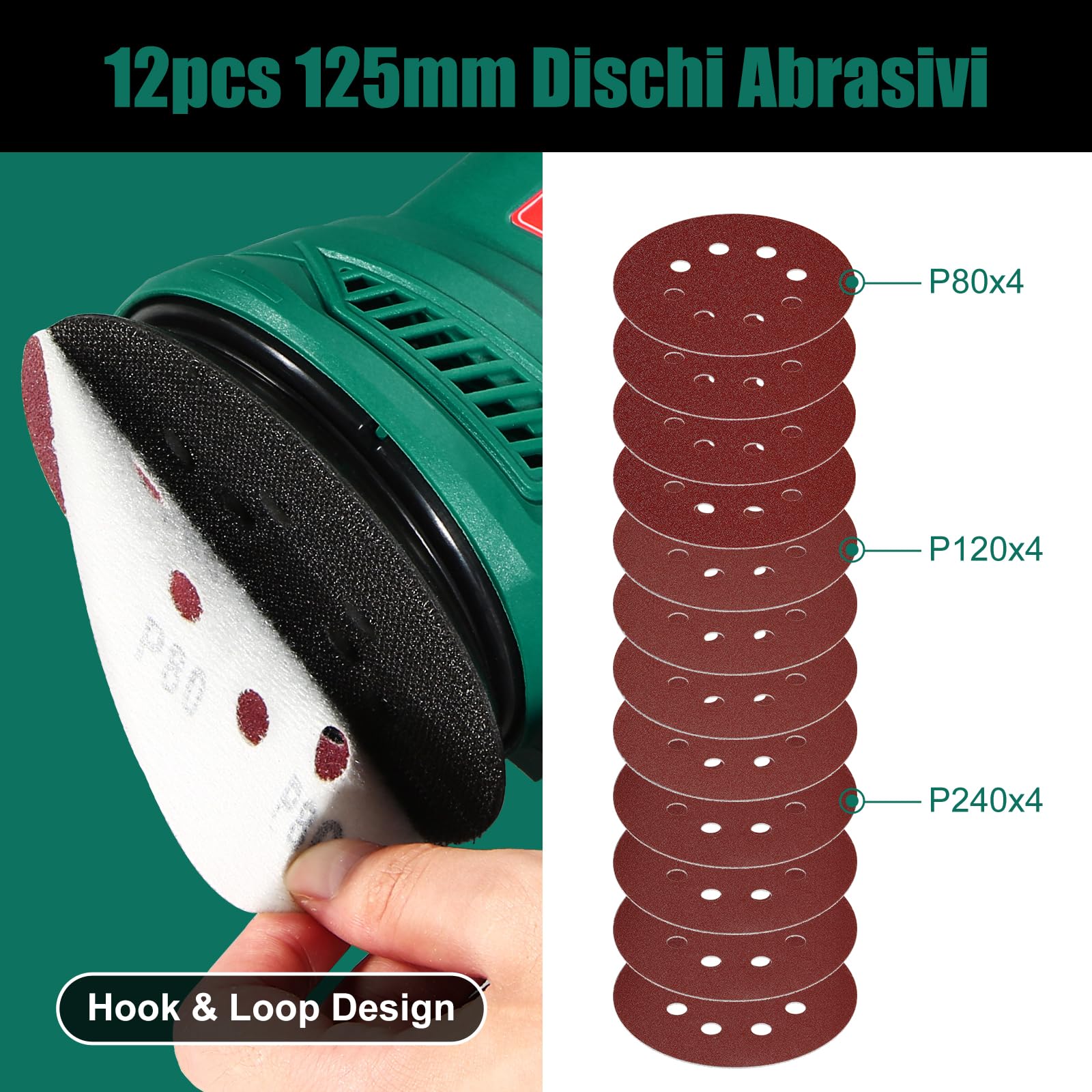 HYCHIKA Levigatrice Orbitale 300W, 6 Velocità Regolabili, 13000 RPM, 12PCS Dischi Abrasivi 125mm (80, 120, 240 Grani), Levigatrice Elettrica, con Scatola di Raccolta della Polvere