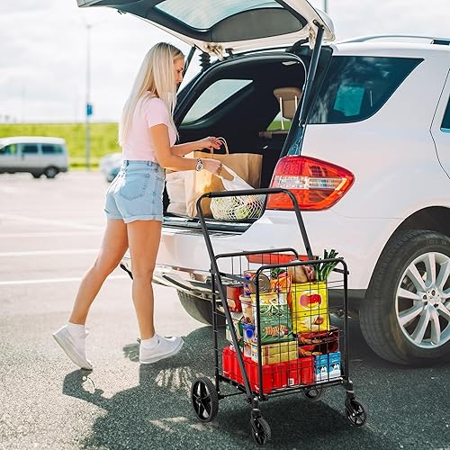 Vista 3 de YITAHOME Carrito de compras plegable con ruedas, parte inferior de malla reforzada grande, carrito plegable portátil con ruedas para lavandería