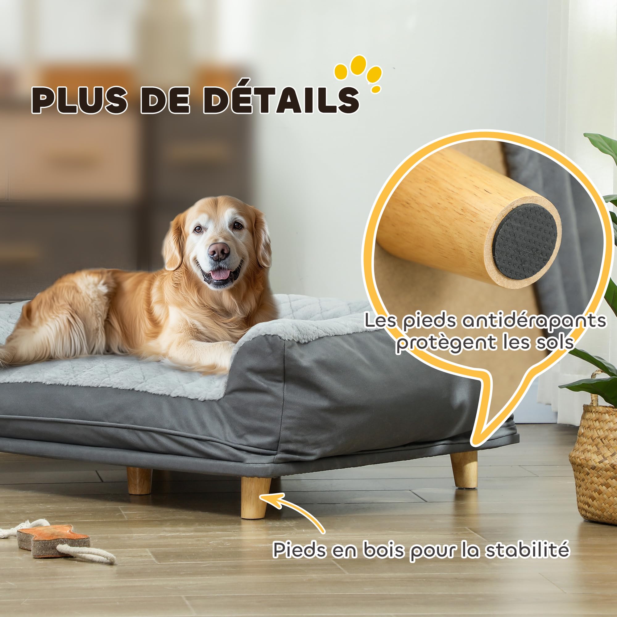 PawHut Canapé pour Chien Fauteuil Chien Housse Amovible Lavable Pieds Bois Pin Patins Antidérapants 100 x 70 x 30 cm Gris
