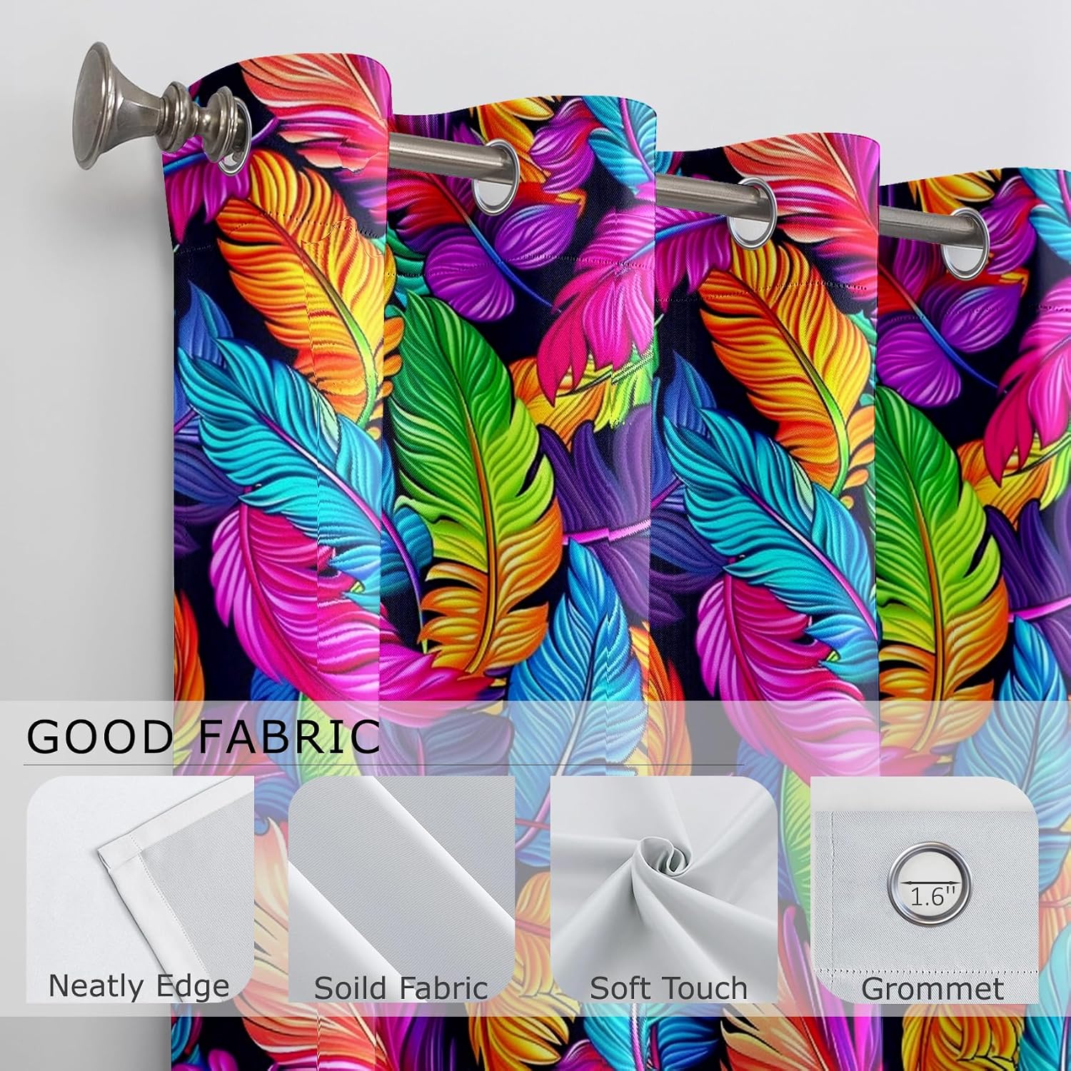 Colorful Curtains Blackout, Tropical Feather Exotic Bright Color Patterned Curtains 54 Inch Length 2 Panels Set, Room Darkening Thermal Insulated Grommet Drapes for Bedroom Living Room