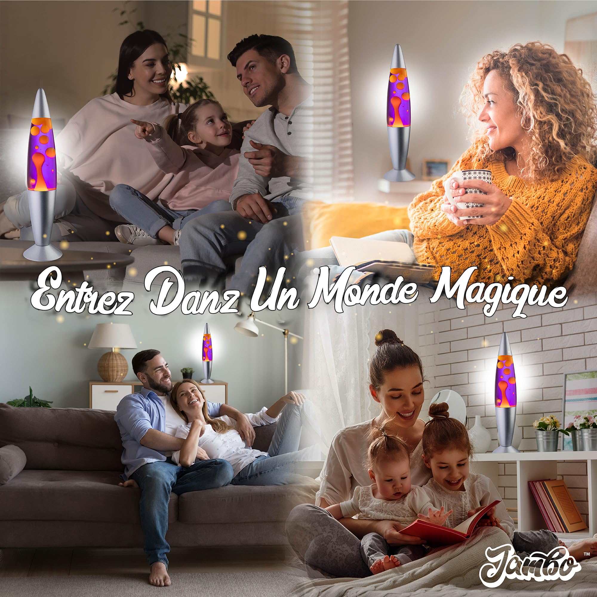 Jambo Lampe à mouvement liquide 16" – Pourpre avec cire jaune/orange – Lampe décorative relaxante pour salon, bureau, chambre
