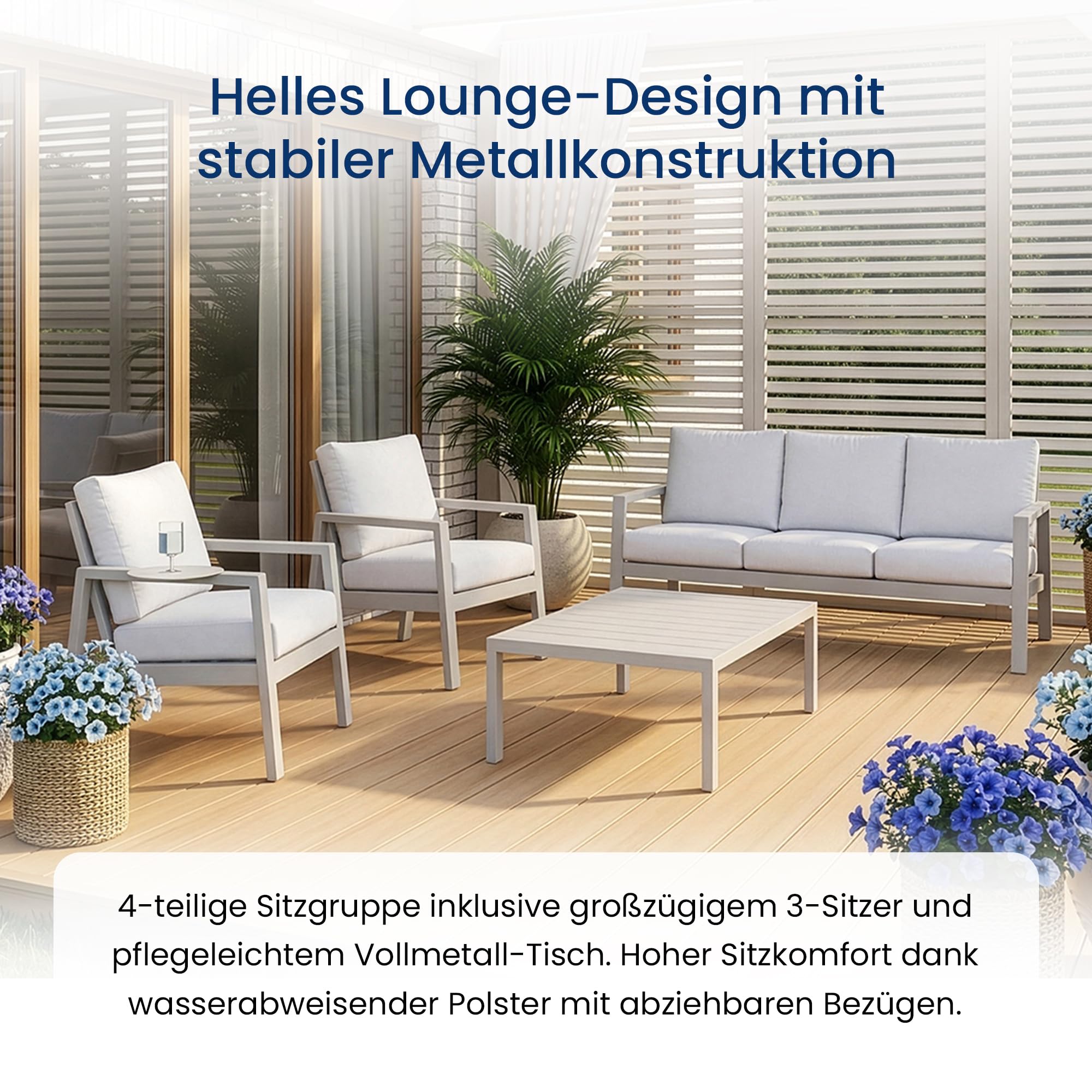 Home Collective Gartenmöbel Set Lounge Möbel Outdoor Outdoormöbel | 4-teilig | 3-Sitzer Sofa 2 Stühle 1 Tisch | abziehbare Kissen Metallgestell | Möbel Garten Terrasse Balkon | Weiß