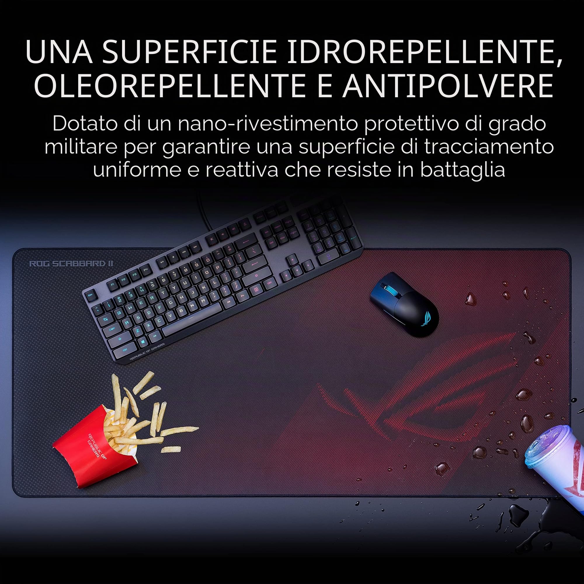 ASUS ROG Scabbard II - Tappetino per mouse da gioco esteso | Nano Technology Smooth Glide Tracking | Rivestimento protettivo per acqua, olio, superficie antipolvere | bordi piatti con cuciture piatte