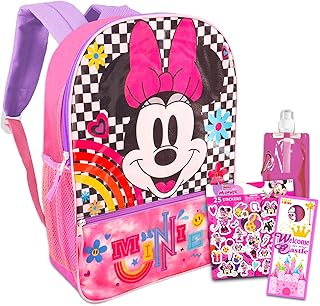 Backpack for Girls 4-6 Set - Bundle with 16” Disney Minnie Mouse Backpack, Water Bottle, Stickers, More | Disney Minnie Mouse School Backpack
