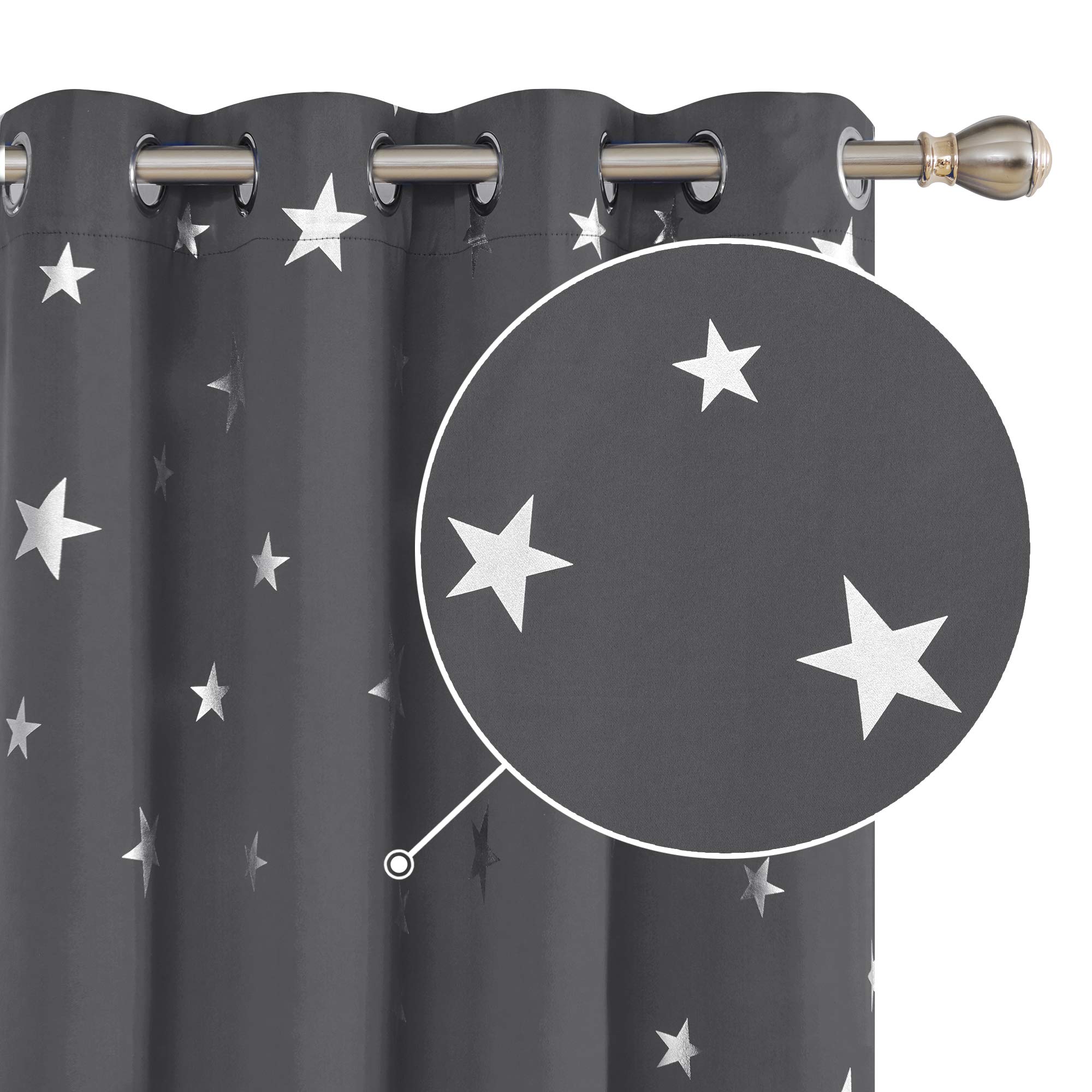 Deconovo Dark Grey/Silver Stars Foil Printed Thermal Insulated Curtains Eyelet Blackout Curtains For Nursery 46 X 72 Inch 1 Pair