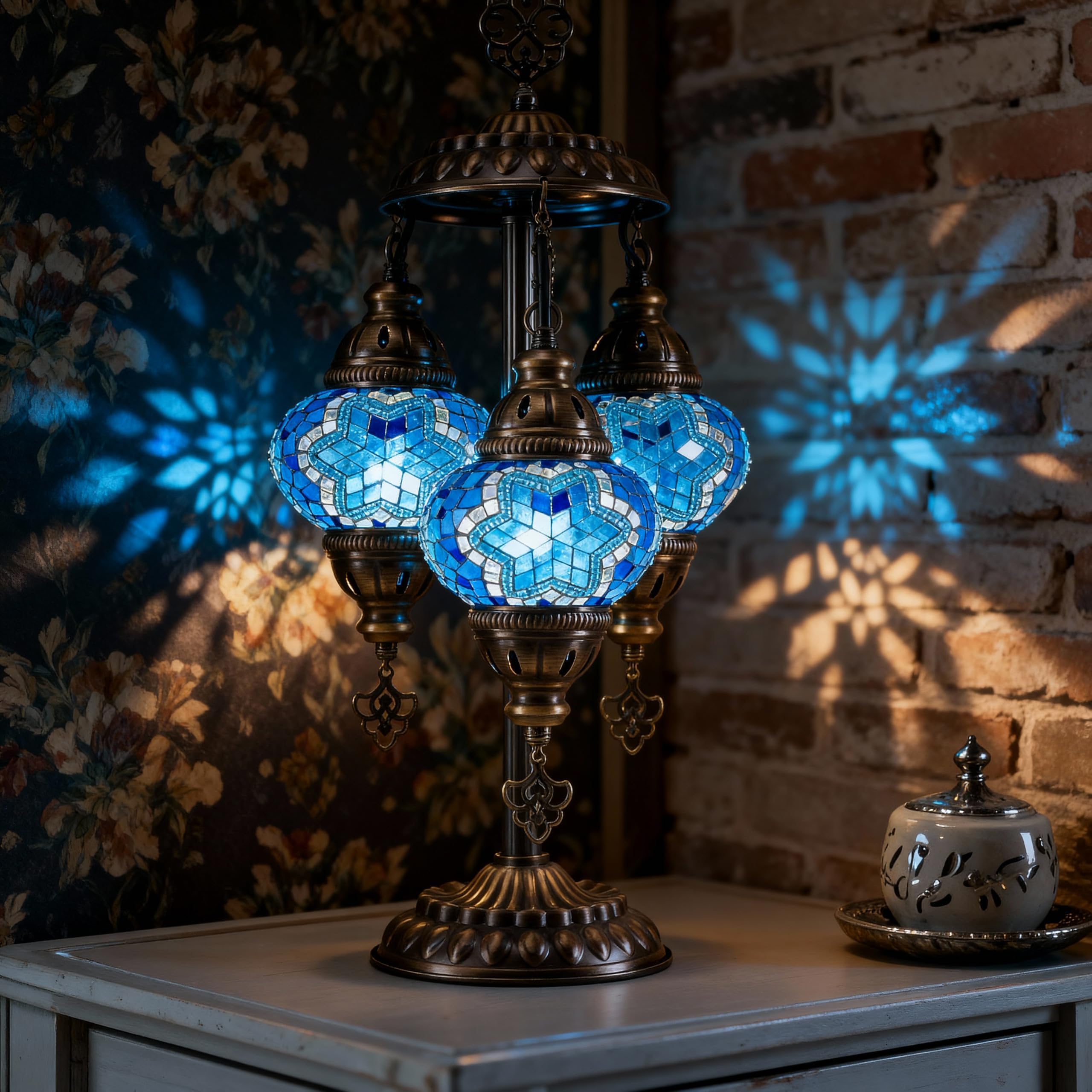Mozaist Turkish Mosaic Lamp – Moroccan Handmade 3 Globe Table Light with Bulb (Sea Blue)
