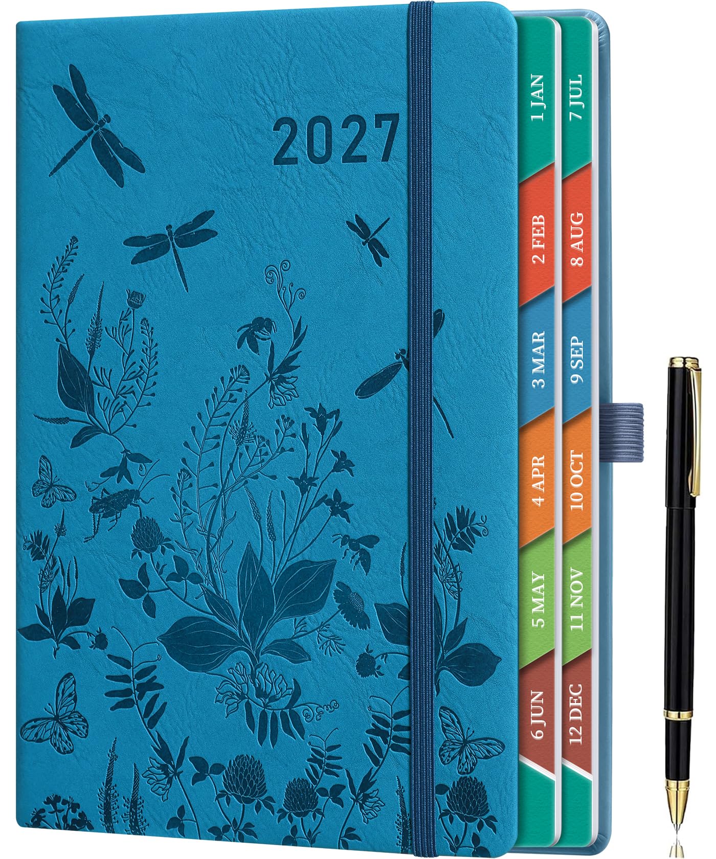 ZXHQ Diary 2027 Day Per Page A5, Jan–Dec 2027 Daily Planner with 400 Pages, Embossed PU Leather Cover, UK Holidays, Colourful Tabs, Pen Loop & Inner Pocket - Blue