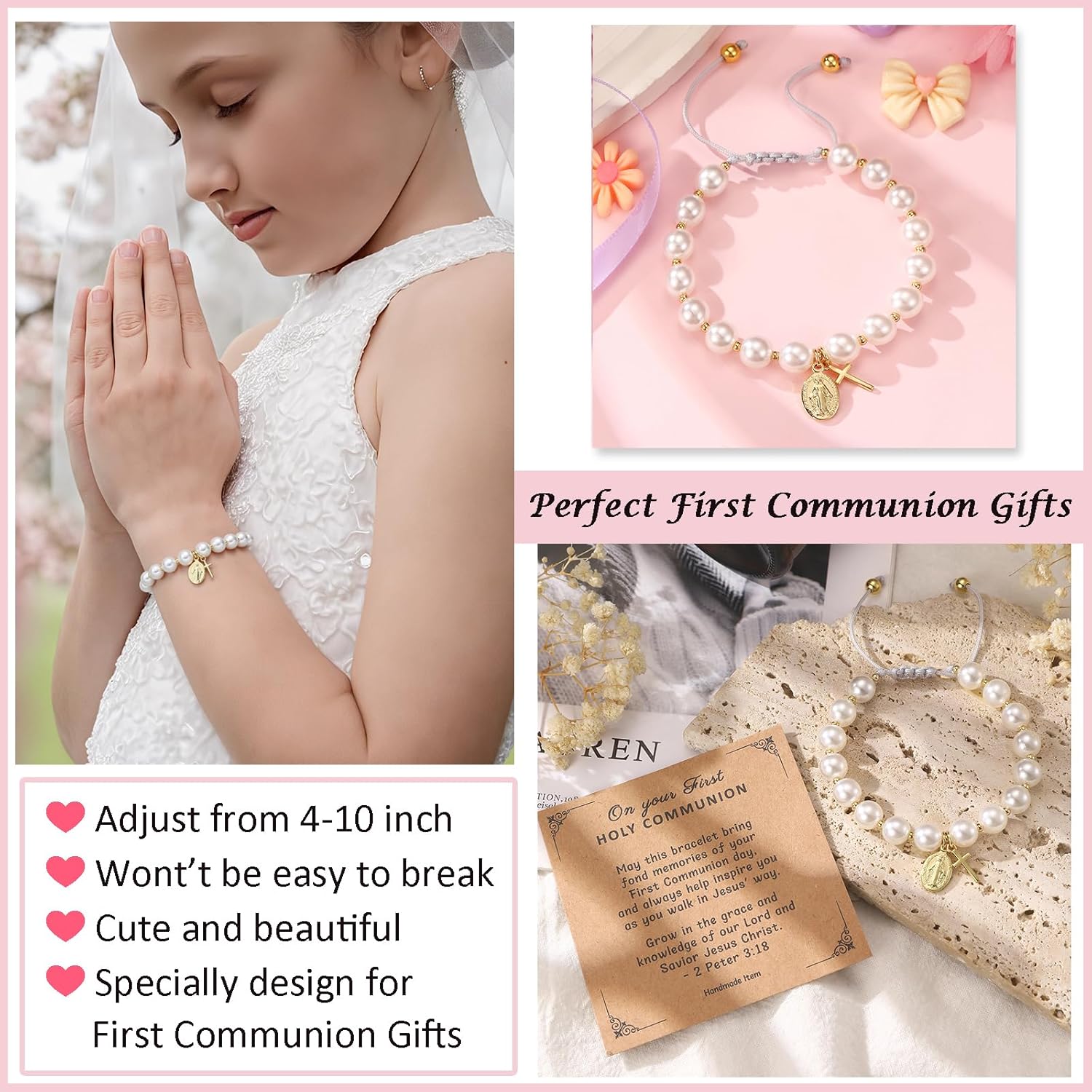 Initial First Holy Communion Confirmation Baptism Bracelets Gifts for Women Girls, Catholic First 1st Communion 14K Gold Pearl Cross Charm Bracelet Personalized A-Z for Goddaughter Niece - Image 2