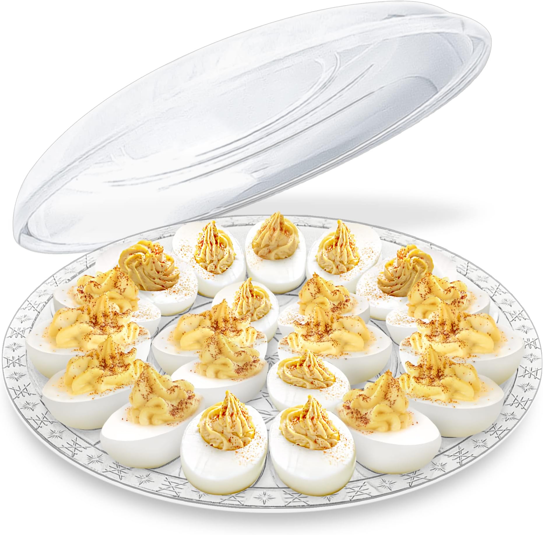 Deviled Egg Container with Lid - 12-inch Round Serving Plate, 15 Slots - Disposable Plastic Holder, Platter for Fruits, Veggie, Finger Food - Stackable, Easy Storage