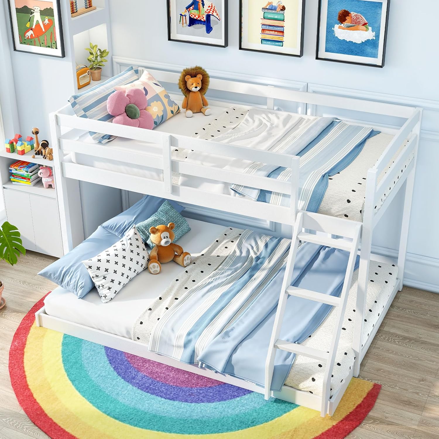 Close-up of solid pine wood frame and plywood slats for the Giantex bunk bed.
