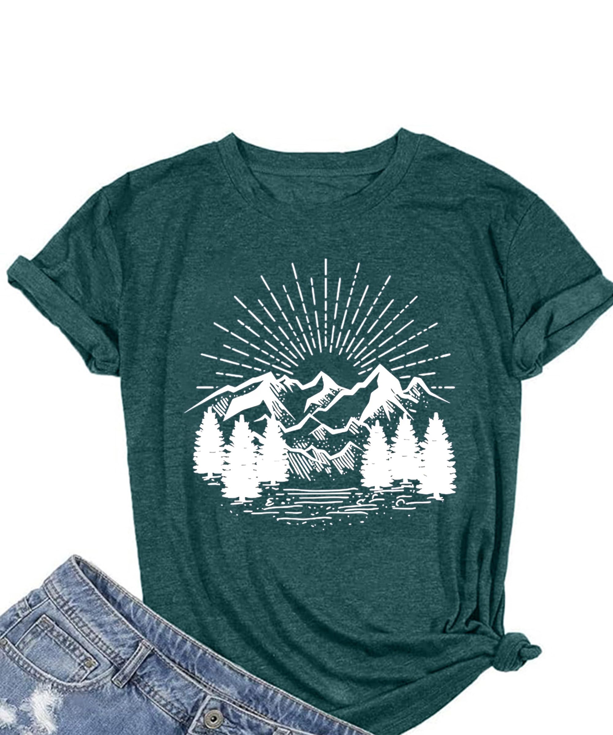 Hiking Shirt for Women Funny Nature Sunrise Graphic Mountain T Shirt Summer Casual Workout Short Sleeve Adventure Tees
