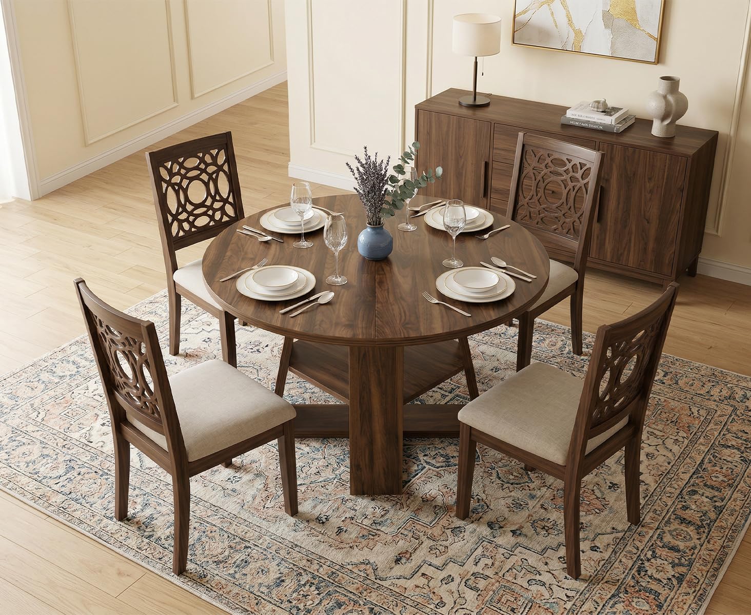 Ausziehbar Runder Esstisch, Esszimmertisch mit Ablage, platzsparender Küchentisch Walnuss Runder Tisch, 110-150 cm, ausziehbar zu oval, für 4-6Personen (Stil 1)