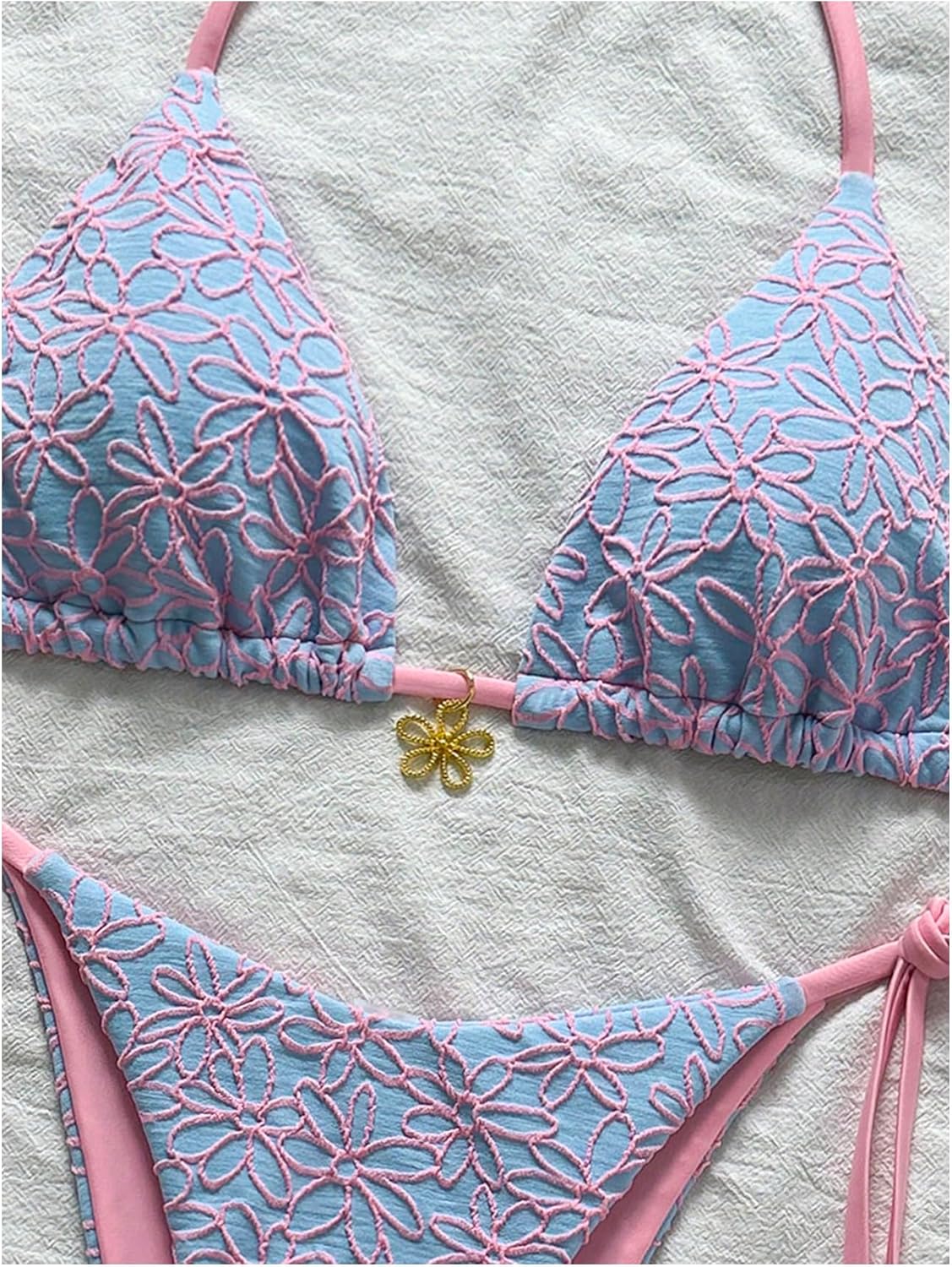 Women's 2 Piece Halter Bikini Set Y2k Floral Textured Tie Side Triangle Bathing Swimsuits Vacation Outfits - Image 4