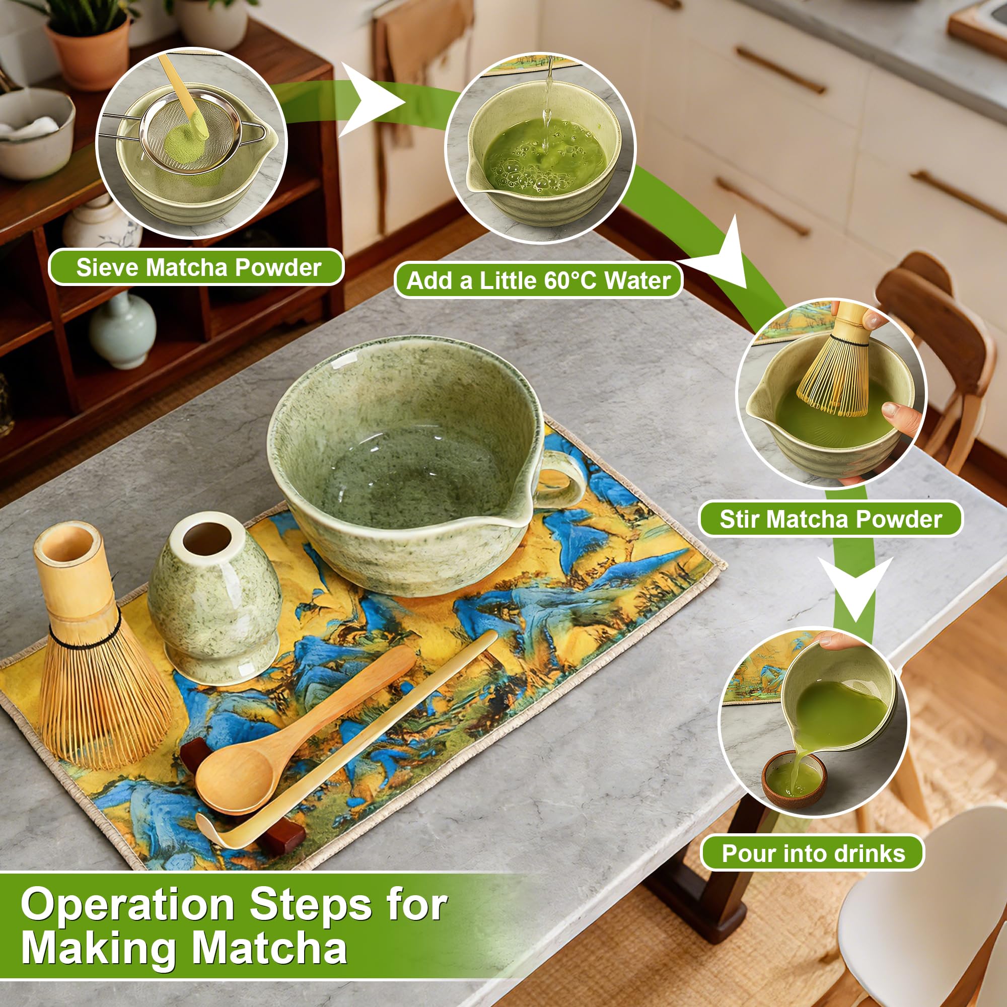 Matcha Set,7 Piece Matcha Besen Set, Matcha Tea Set Matcha Besen, Matcha Schale mit Ausgießer (Chawan), Sieb, Schaufel, Tea Set,Teetuchunterlage,für Teeliebhaber und Teezeremonie-Anfänger