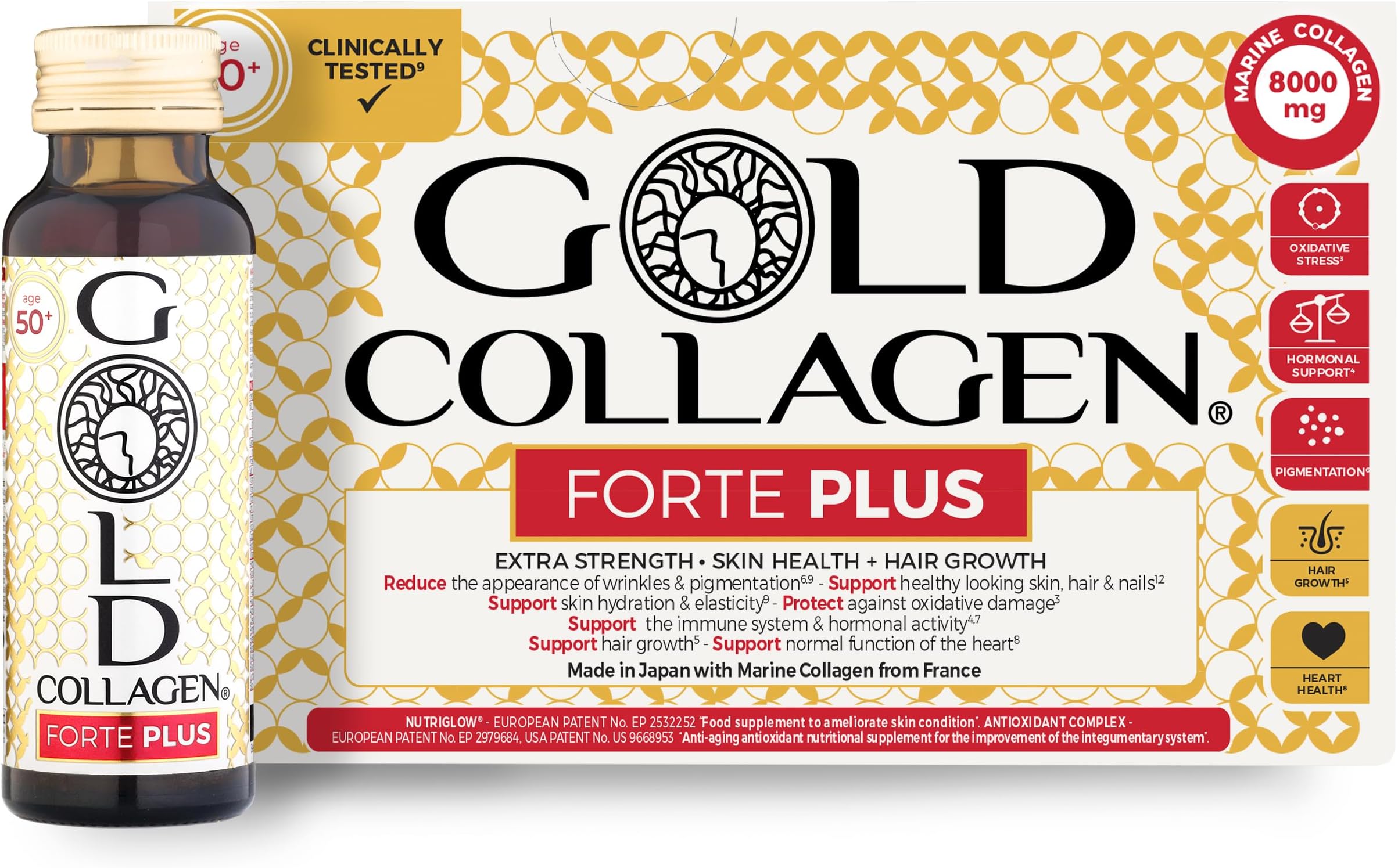 GOLD COLLAGEN New Forte Plus - Collagen Supplements for Women & Men with Biotin Hair Growth, Skin & Immune System Booster with 8g of Marine Collagen, Vitamin C & Hyaluronic Acid, 1 Pack 10x50ml