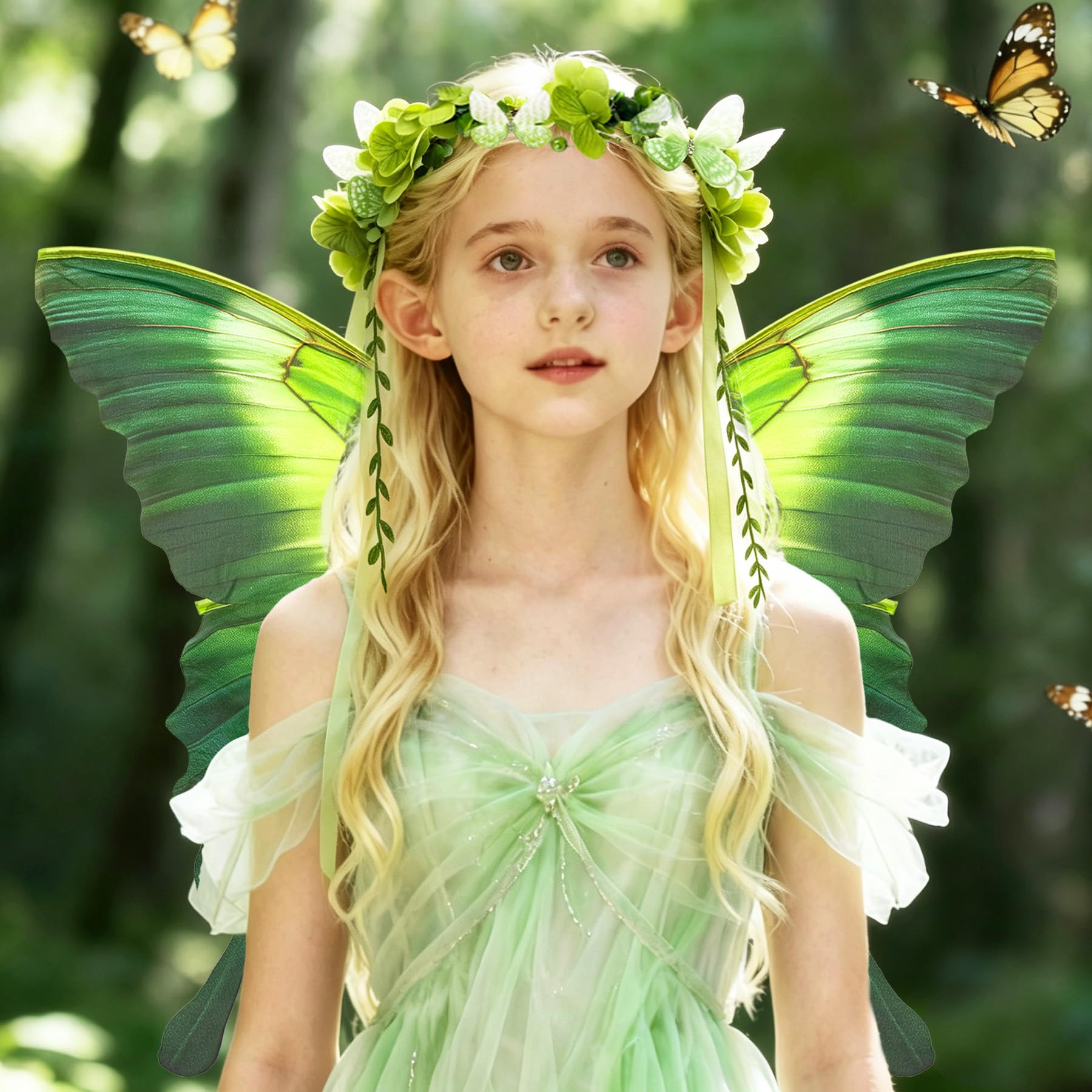TZEKING Ailes de Fée Enfant et Adulte, Ailes de Papillon avec Oreilles d'Elfe, Bandeau de Fée et Baguettes de Étoile, Costume d'Aile pour Carnaval, Halloween, Cosplay, Anniversaire