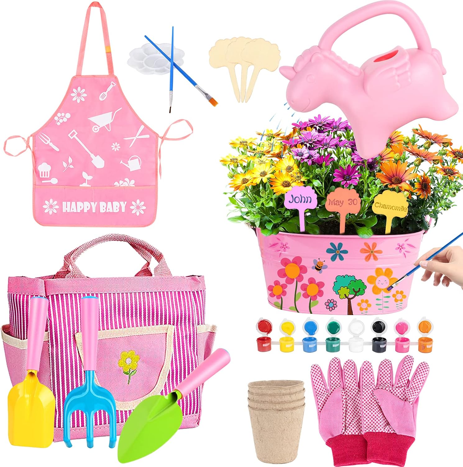 Mojitodon Kids Gardening Tool Set Flower Paint Planting Growing Kit - Includes Unicorn Watering Can, Shovel, Rake, Trowel, Gloves, Apron and Garden Tote Bag Outdoor Toys Gifts for Girls Ages 3+ : Toys & Games