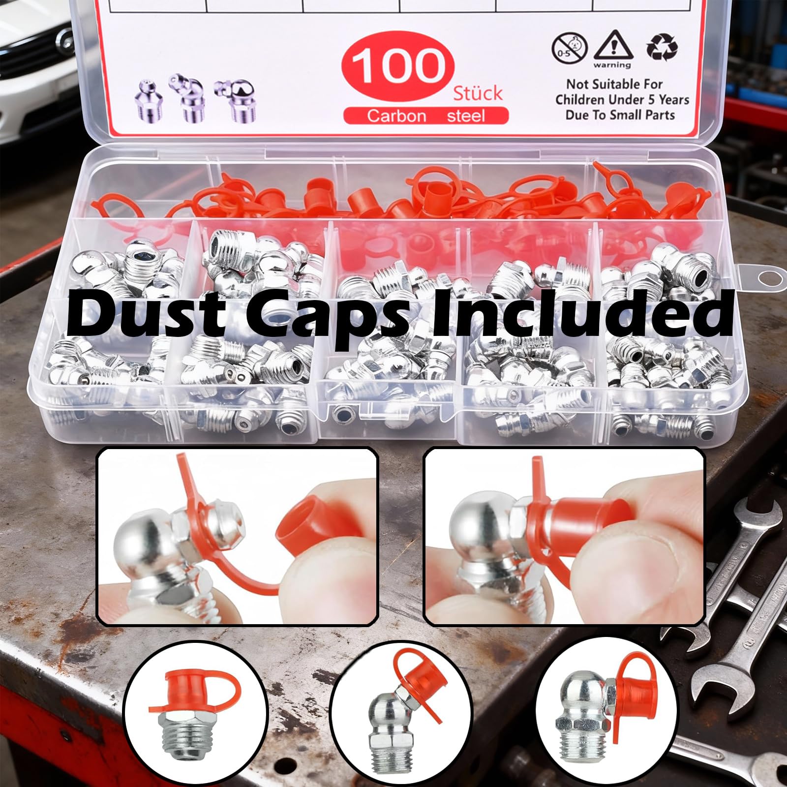 100 Pezzi Set di Ingrassatori Assortimento, Testine Ingrassatore Metriche M6 M8 M10 in Dritto e Angolato 45° 90° 180°, Raccordi per Grasso con Tappi in Plastica e Scatola per Attrezzature Meccaniche