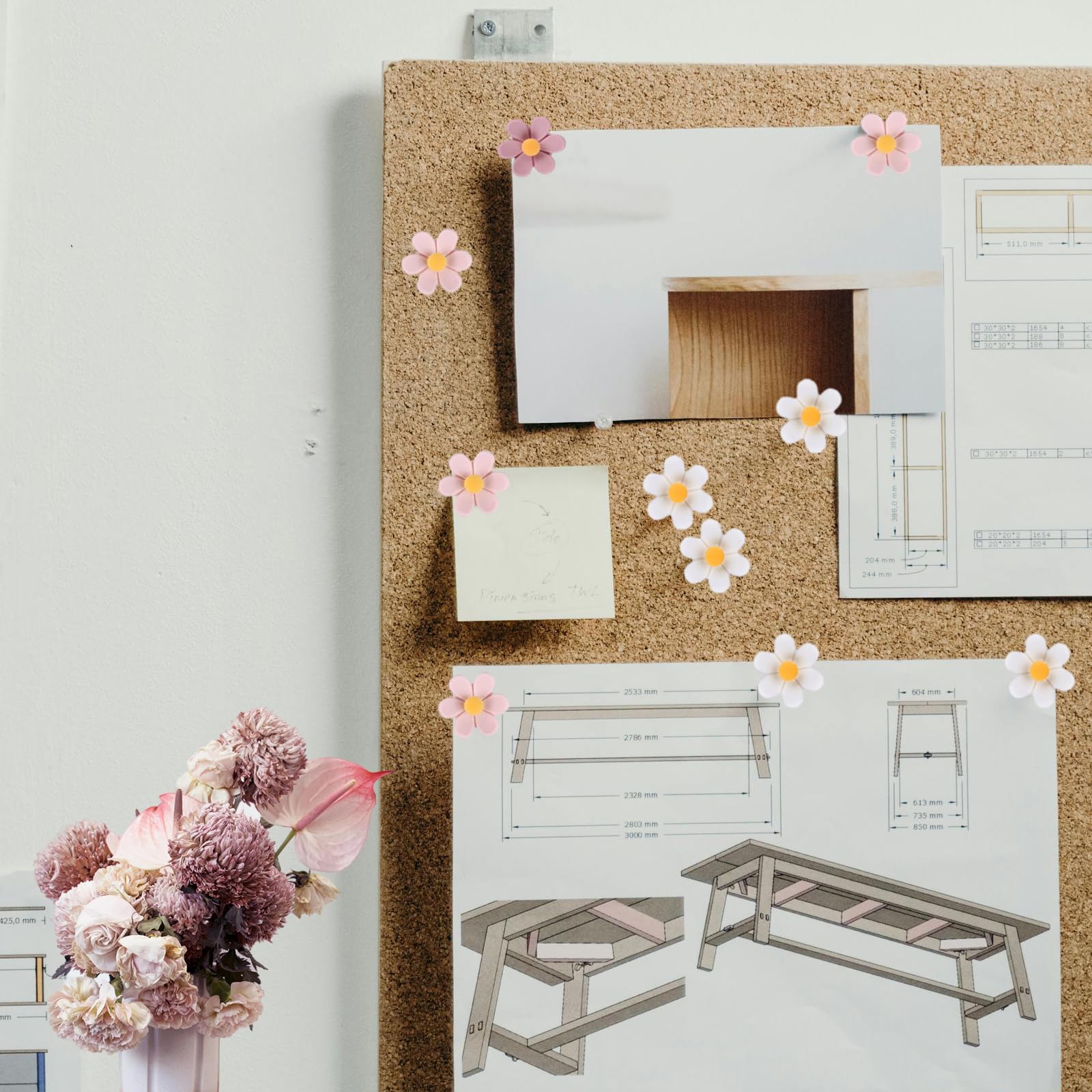 30 Punaises Fleurs Décoratives - Pour Tableau Liège, Bureau, Rose Et Blanc - Bewudy