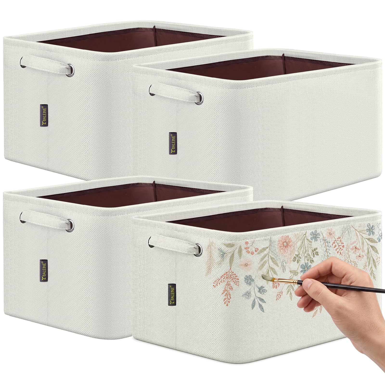 BALEINE 4 Pack Fabric Closet Storage Bins for Shelves, Linen Closet Organizers and Storage, Decorative Baskets for Organizing, Shelf, Clothes, Home, Office (White, 12"x8"x8")