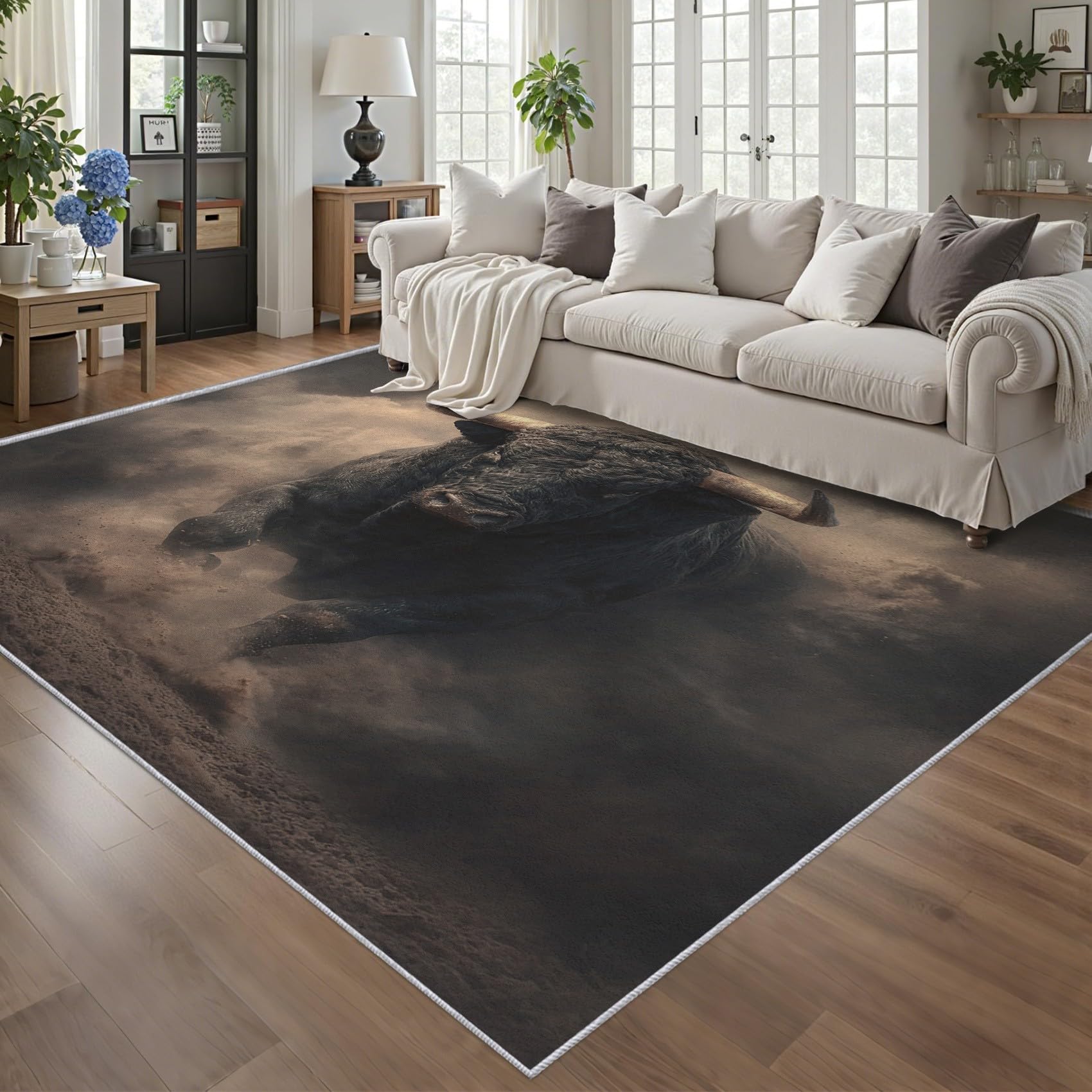 Générique Tapis Entree Interieur Taureau Noir, Petit Tapis Motif Animaux Sauvage Bison Chambre 60 x 90 cm, Antidérapant Lavable Doux à Poils Ras, Decoration Maison W-Z3