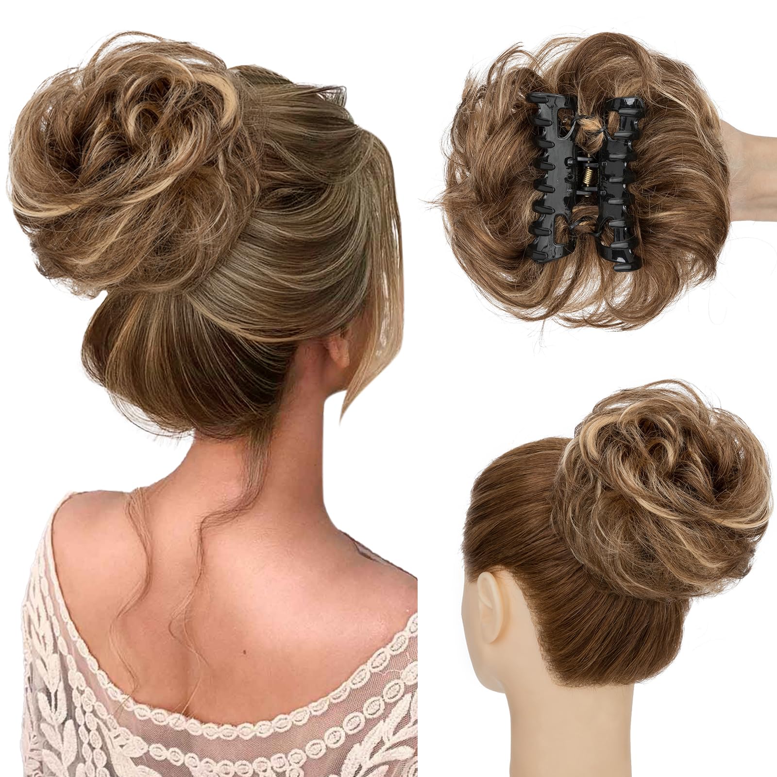 SLEEKALON Claw Clip Messy Bun Hair Piece 100% Real Human Hair Buns Curly Wavy Tousled Bun Scrunchies for Women Medium Brown Highlights Clip in Bun