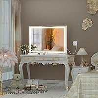 Vista 130 de Hasipu - Espejo de tocador con luces LED, espejo iluminado de maquillaje de 28 x 20 pulgadas, con 3 modos regulables, control por pantalla táctil