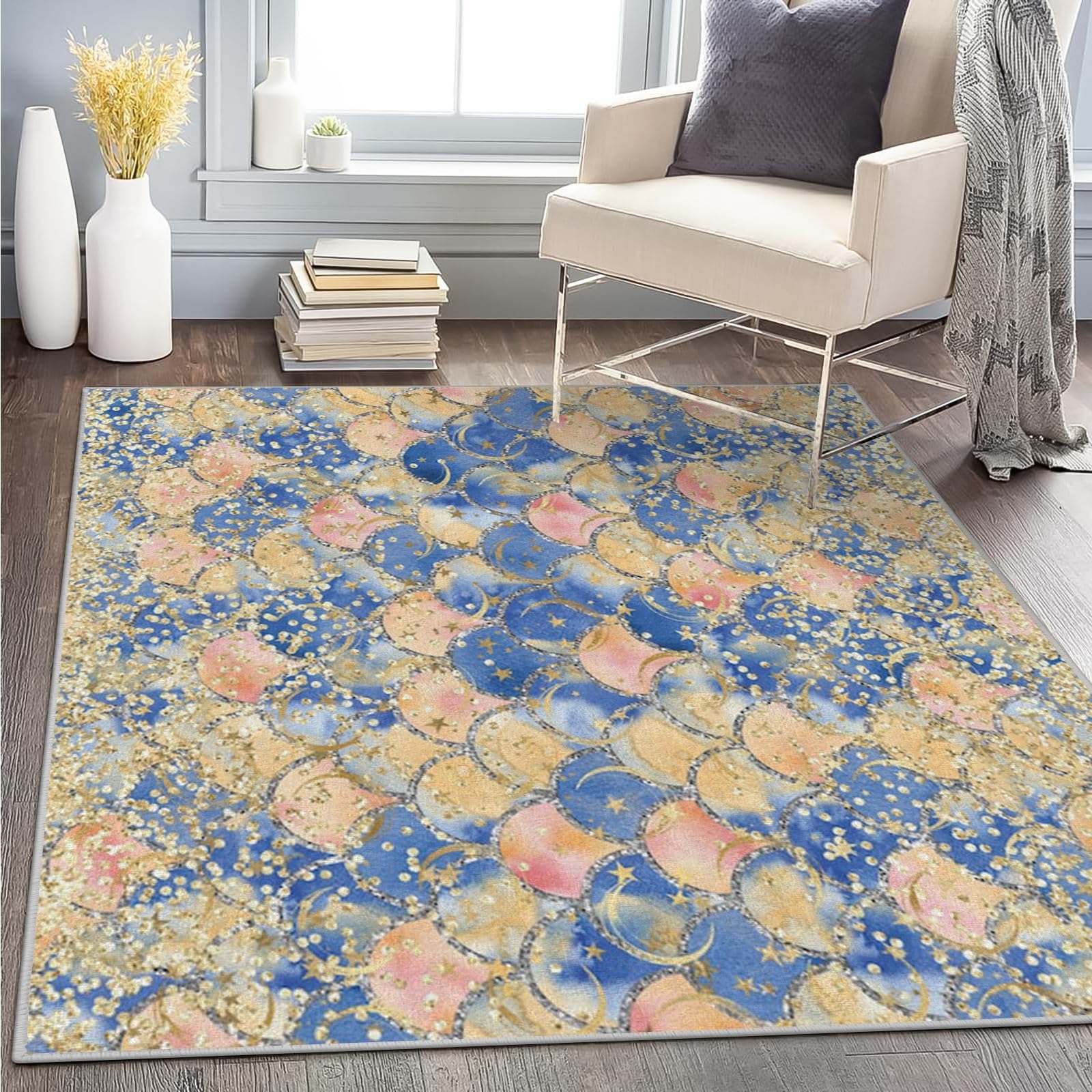 Waschbar Wohnzimmer Teppich Fischschuppen 200x250 Kurzflor Teppich Schlafzimmer, Glitzer Teppich Gegend Dünn Bettvorleger Saugfähig für Jugendzimmer Jungen Mädchen