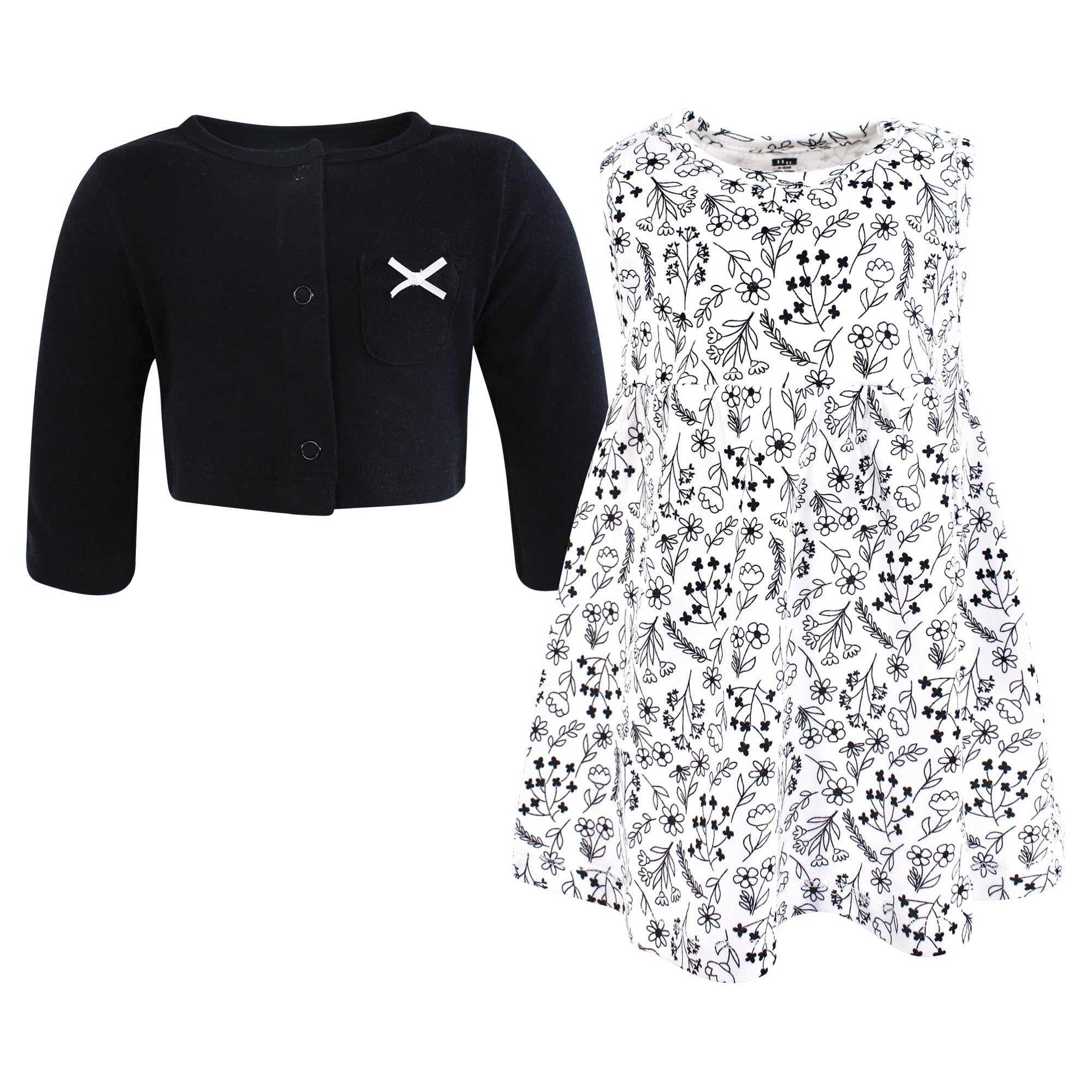 Hudson Baby Infant Toddler Girls Cotton Dress And, Black White Flowers, Set Vestito e Cardigan in Cotone per Neonate e Bambine, Fiori Bianchi e Neri, 4T, 4 Anni Bimba