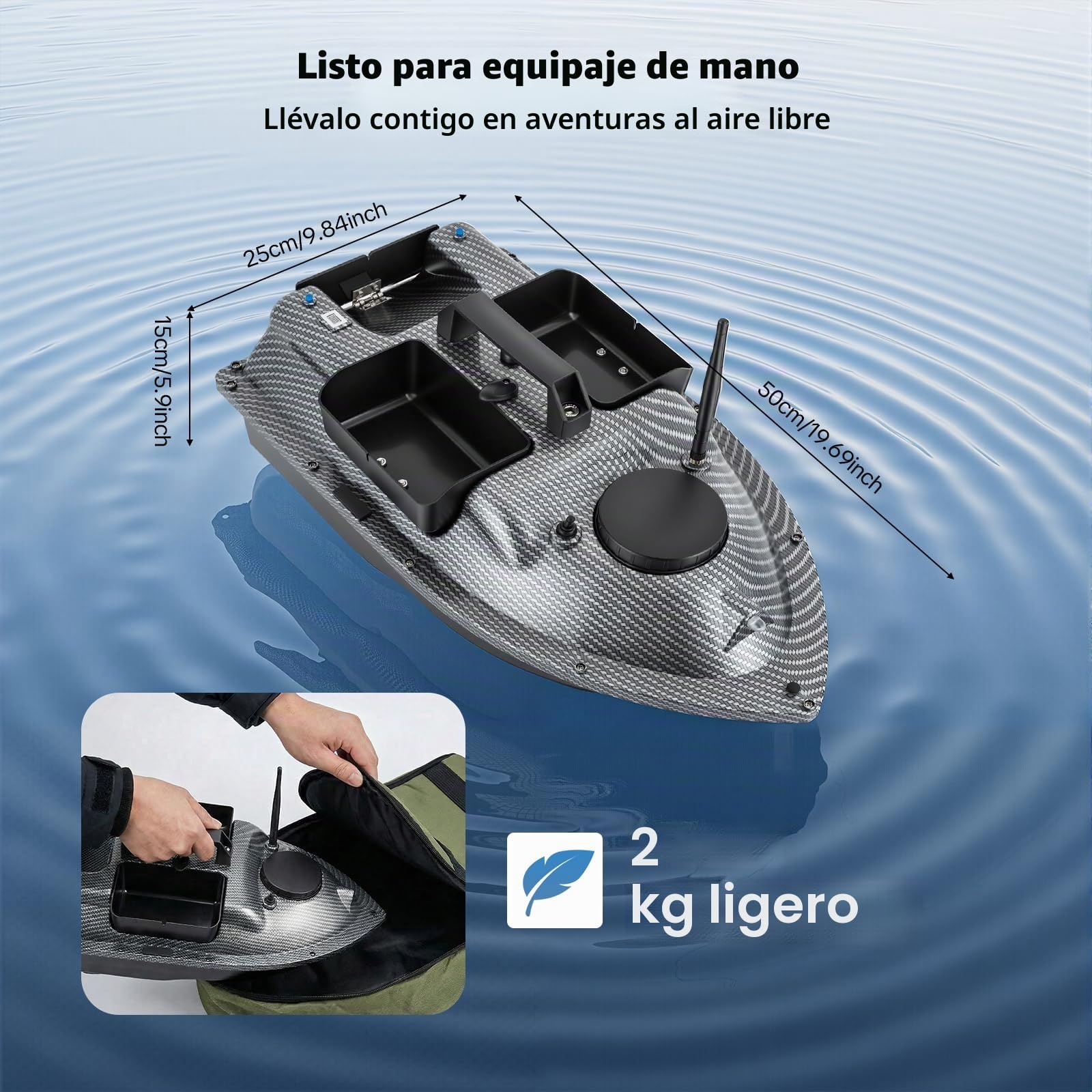 Barco teledirigido, 600 m, Barco de Pesca con GPS, Carga de 2 kg, 40 Puntos de posicionamiento, Motores duales, Barco de alimentación RC para ríos, Lagos y Mares