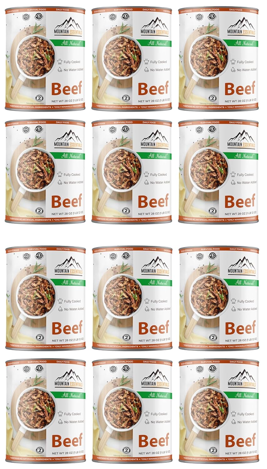 MOUNTAIN ESSENTIALS All Natural Canned Beef 28 Oz – Fully Cooked, Ready to Eat, Gluten Free – Canned Meat for Daily Use, Emergency, Survival & Camping – 5-Year Shelf Life – Made in USA – Pack of 12