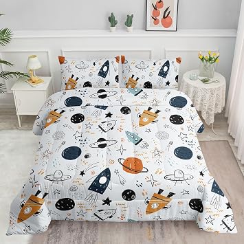 Space Universe Rocket Comforter Sets for Boys Girls Kids,Galaxy Alien Spaceship Planet,Duvet 3Pcs in Bedding Sets with 1 Comforter and 2 PillowcasesSpace Twin