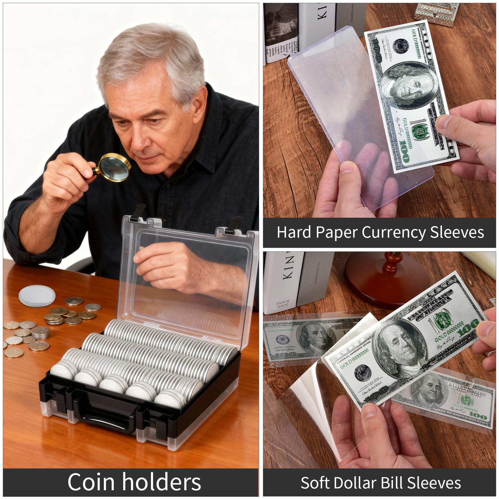 Coin Collector Case Holder with 141 pcs Capsules with Foam Gaskets & 220 Dollar Bill Sleeve - All-in-One Coin Collection Supplies Storage Organizer Box for Secure Coin and Paper Money Display- Black