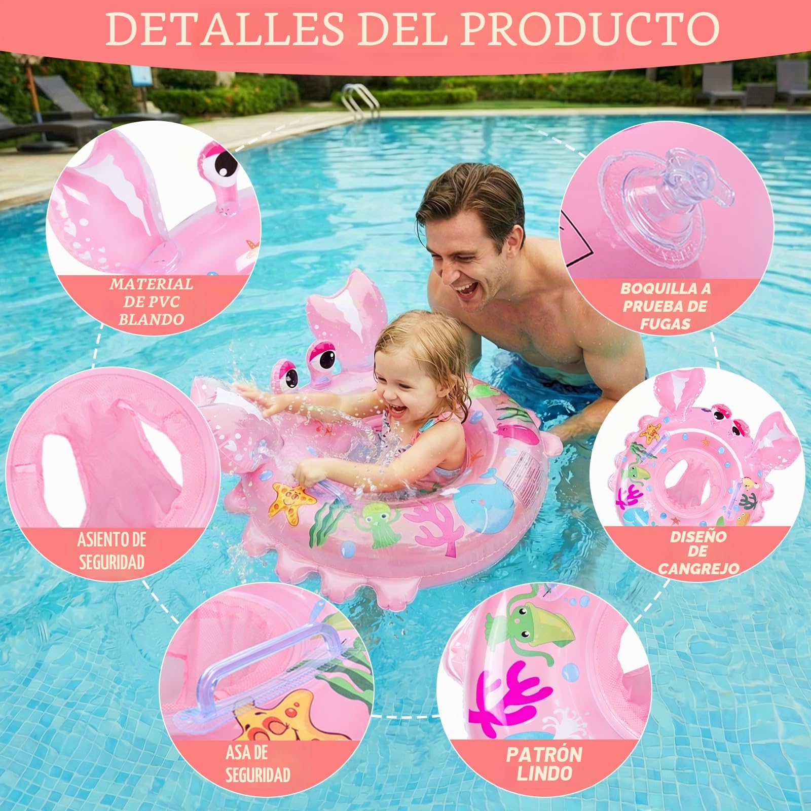 Ninonly Flotador Bebe Anillo de Natación Inflable Asiento con Bomba de Aire,2Parches de Reparación para Niños de 12 a 36 Meses Baño y Entrenamiento de Natación,Piscina,Playa,Bañera (Rosa Cangrejo)