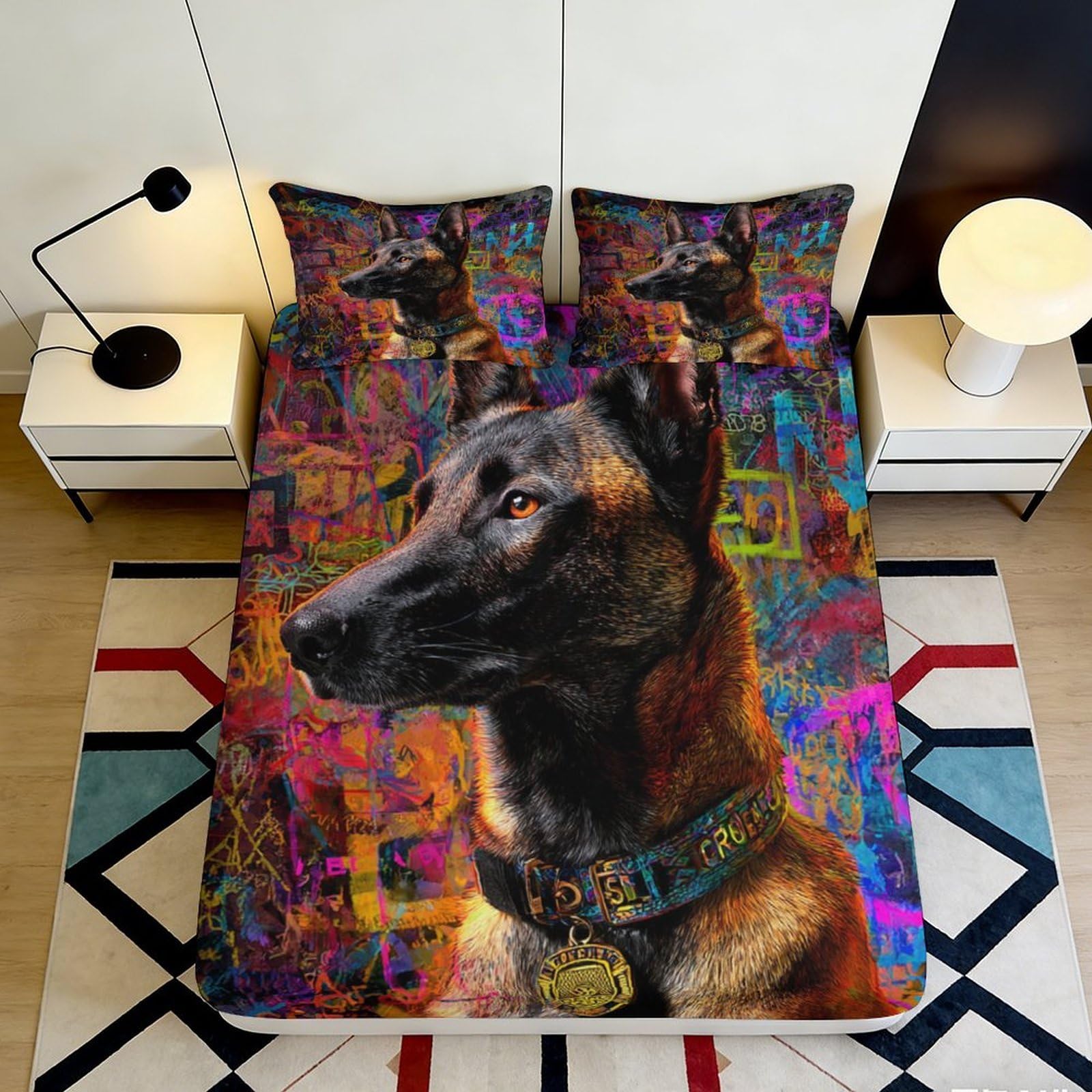 3D Printed Colorful Dog Portrait Fitted Sheet Microfiber Soft Durable Graffiti Bed Cover for Bedroom Dormitory Guest Room Mattress Protection 120x200x25cm