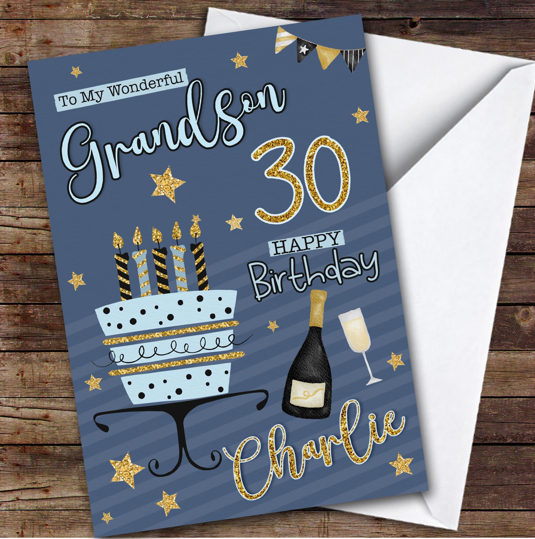 Custom Personalised Grandson 30th Blue Gold Birthday Card Cake, Personalized Birthday Card For Grandson, Him, 30th, Milestone Birthdays