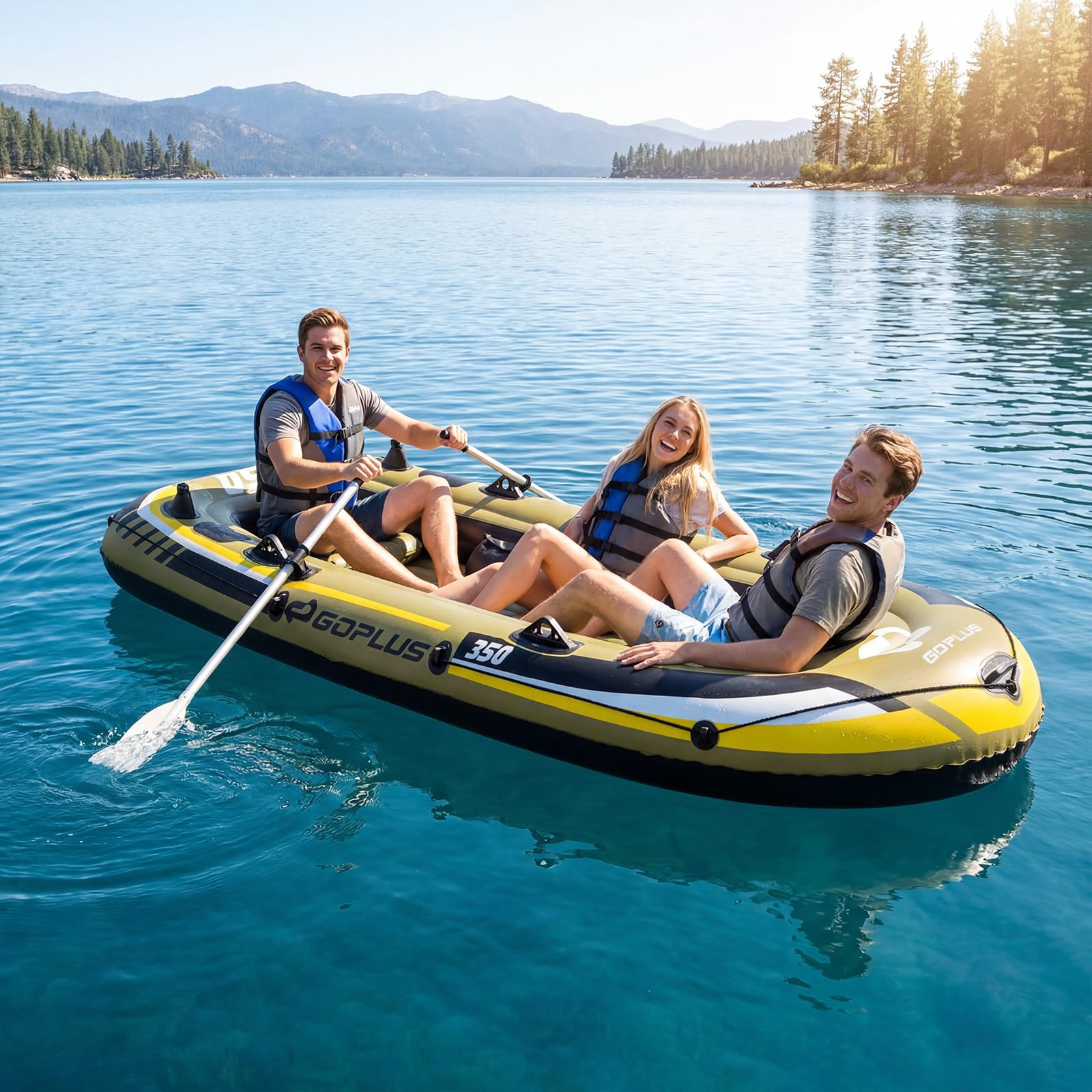 COSTWAY Schlauchboot für 3 Personen, aufblasbares Boot mit 2 Paddeln, Handpumpe, Fischmaßbändern & Angelrutenhaltern, 305 x 136 x 42 cm