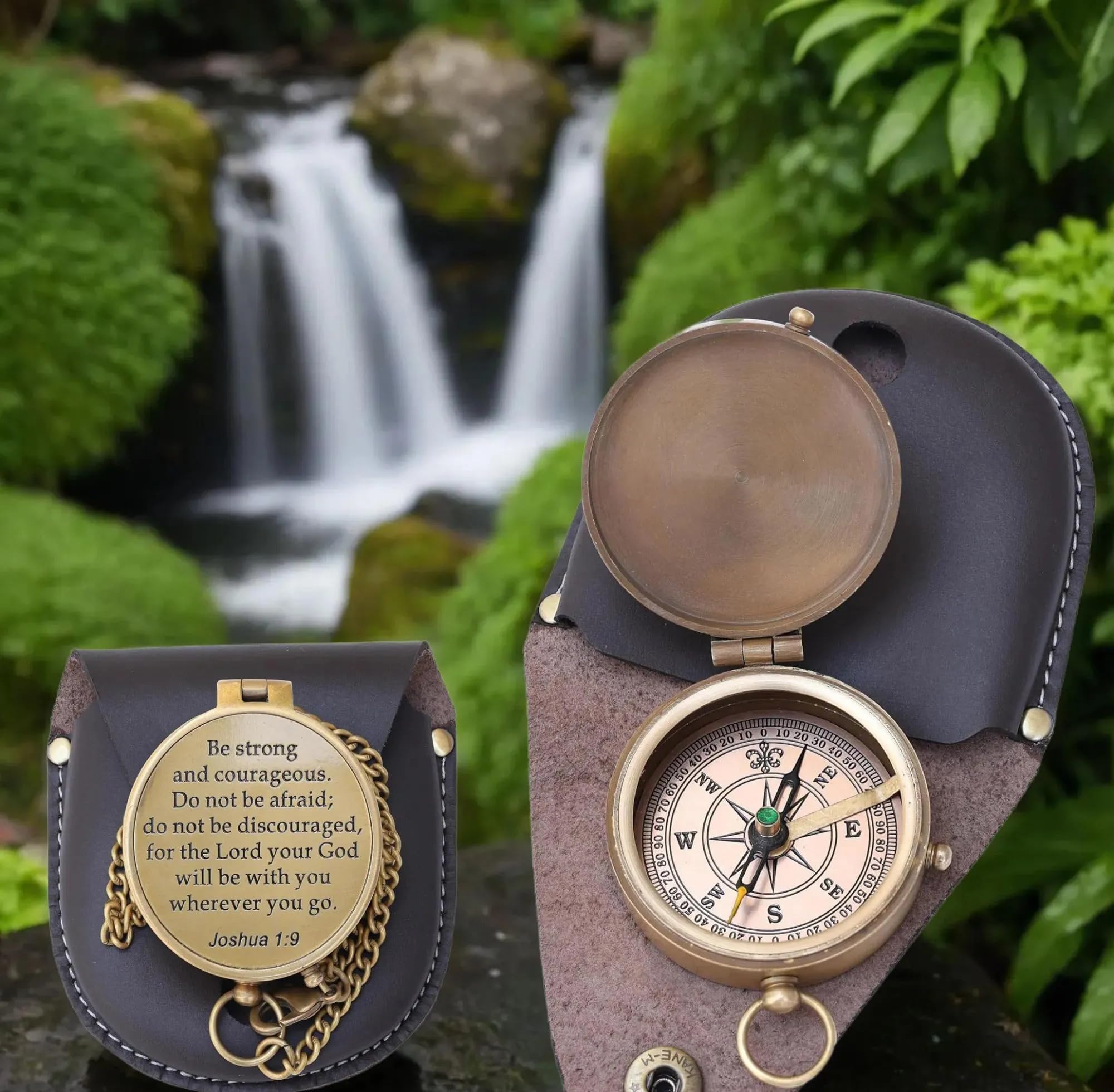 Collectibles Gallery Handmade Brass Compass with Leather case | Small Pocket Compass | Material- Brass (Be Strong and Courageous Brass Engraved Compass)